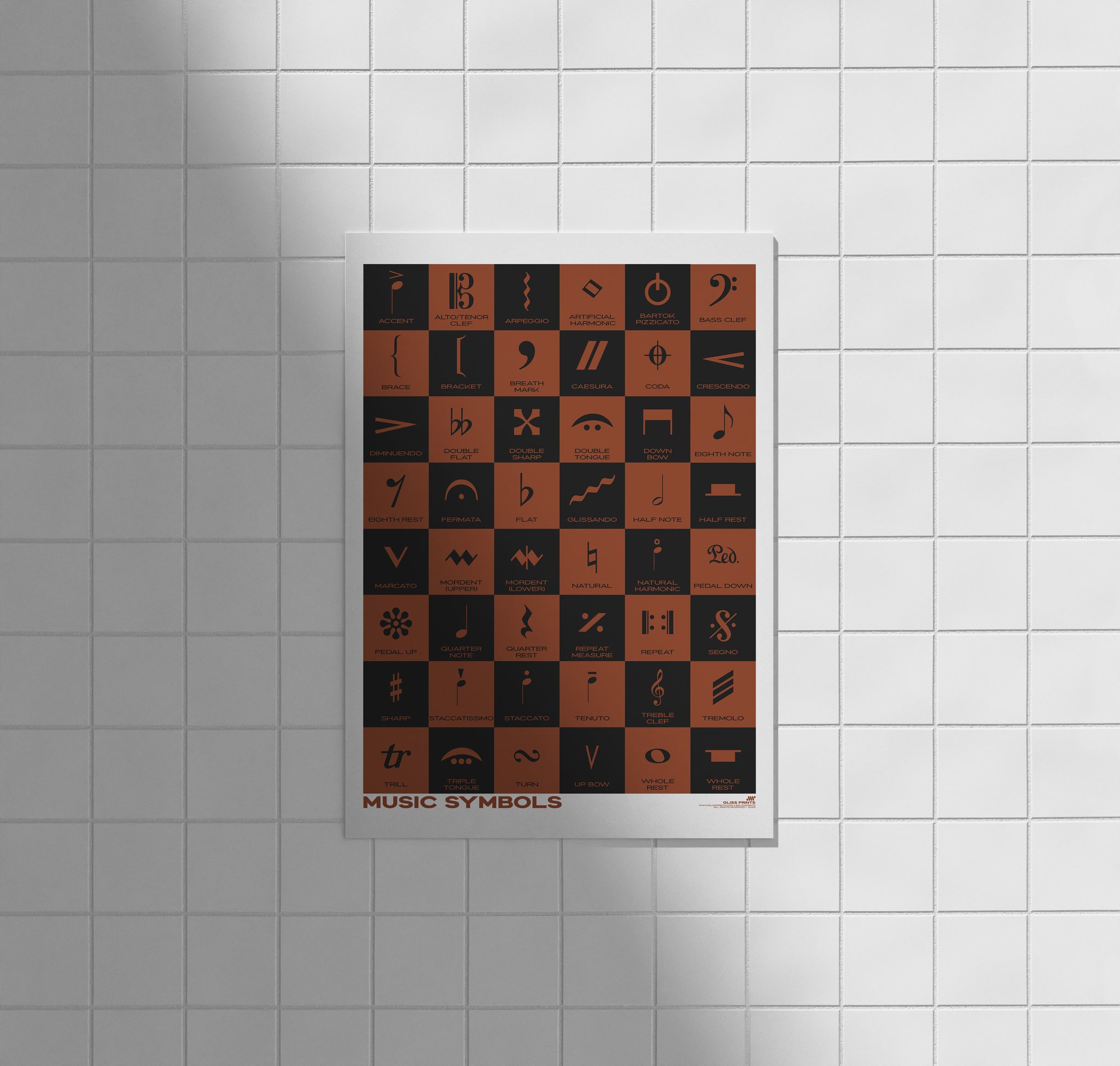 Music Symbols Checkered Design Poster, Red