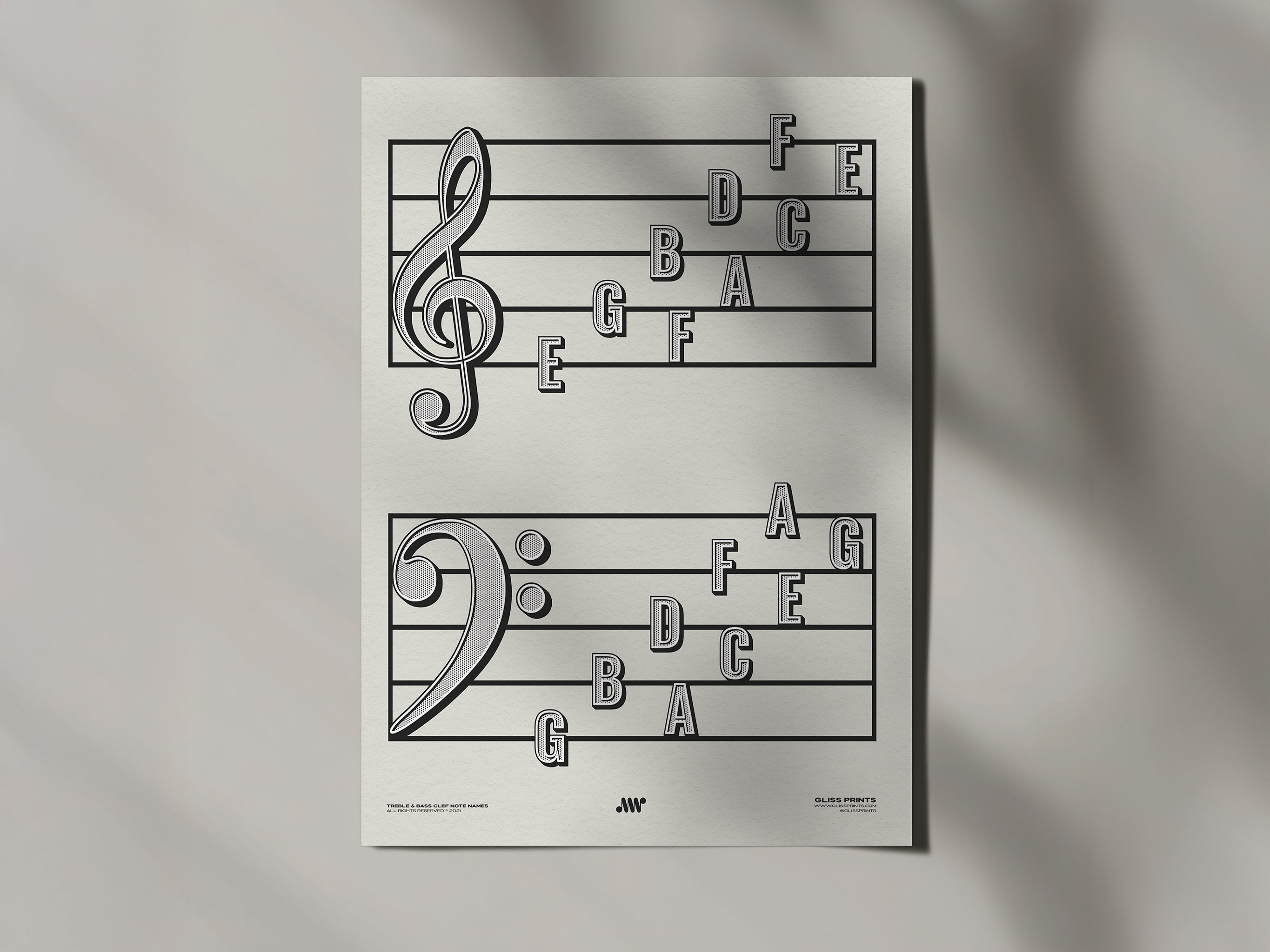 Treble Clef Bass Clef Note Names Poster, Cream