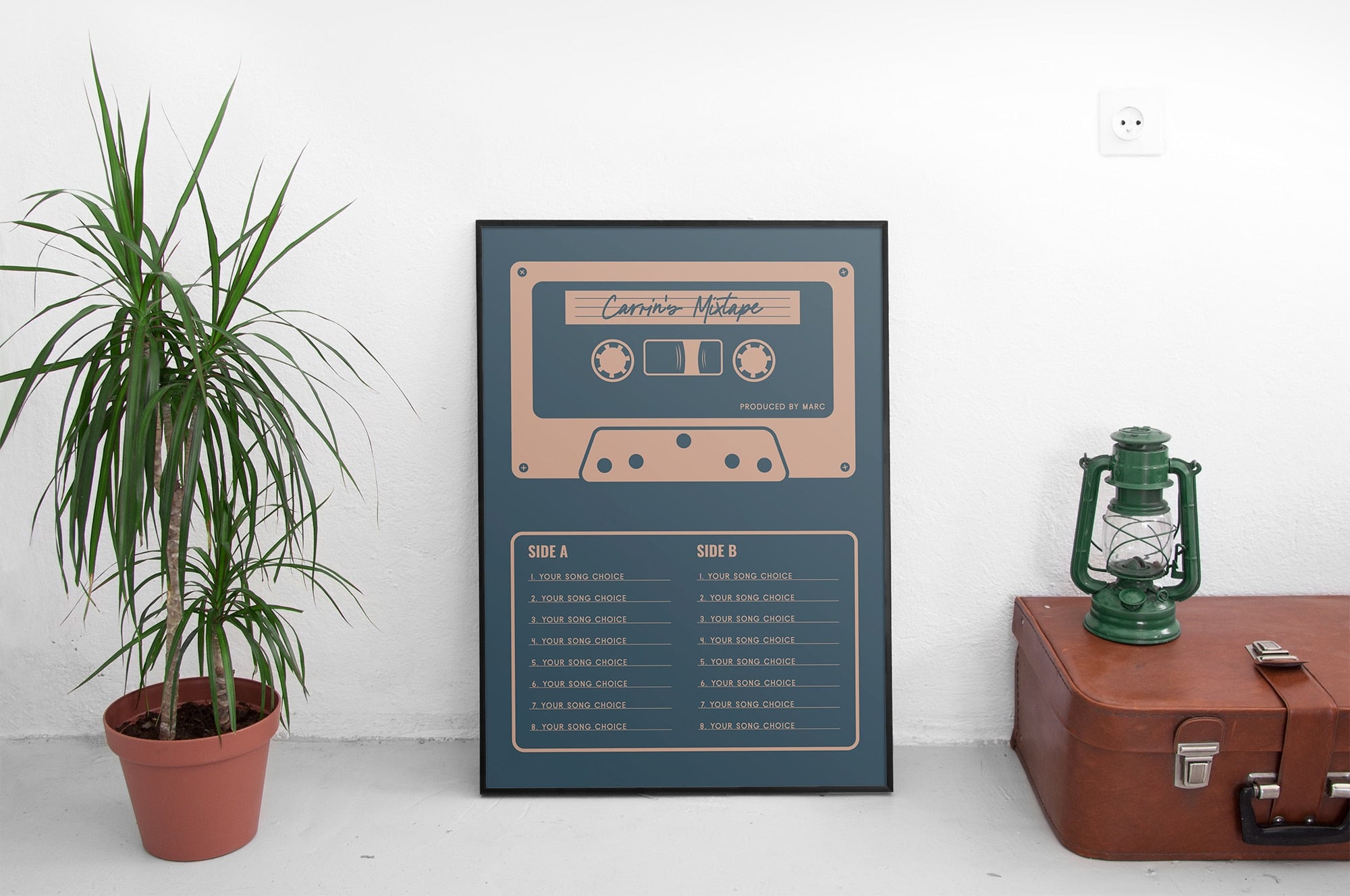 Custom Mixtape Poster, Retro Cassette Tape Print, Blue