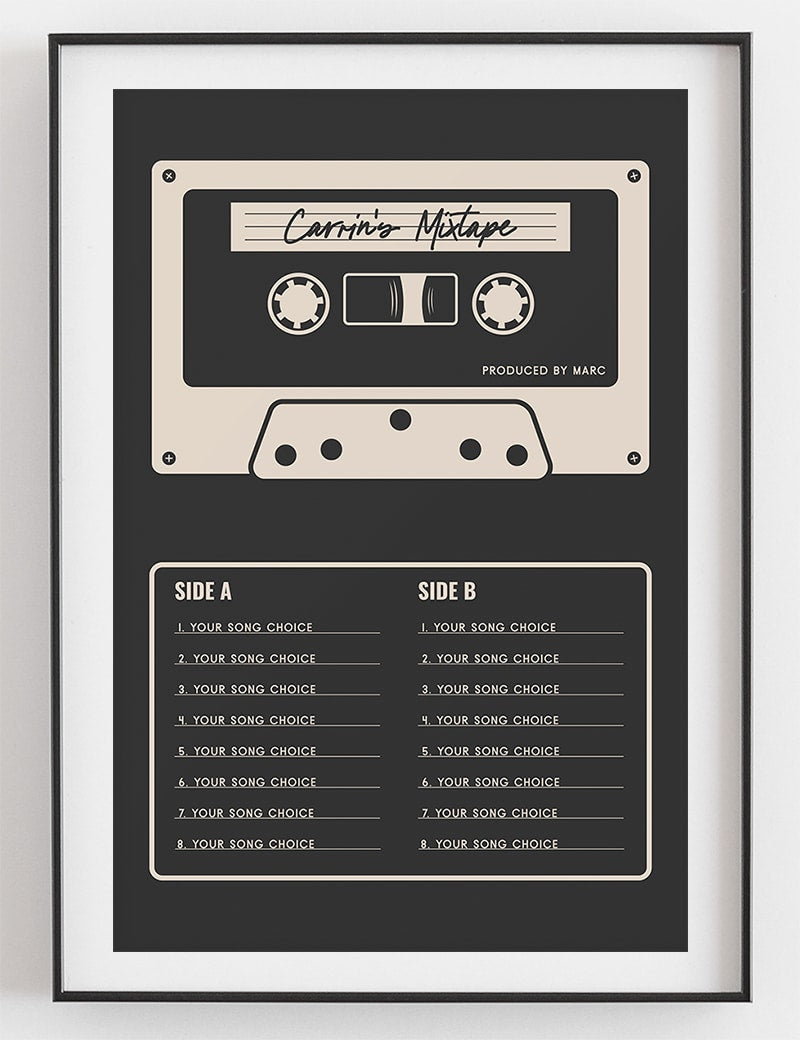 Custom Mixtape Poster, Retro Cassette Tape Print, Black