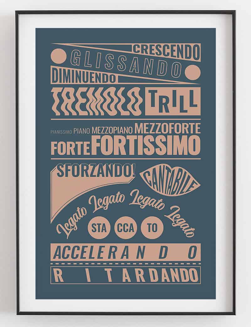 Music Terms Poster, Music Room Decor Blue