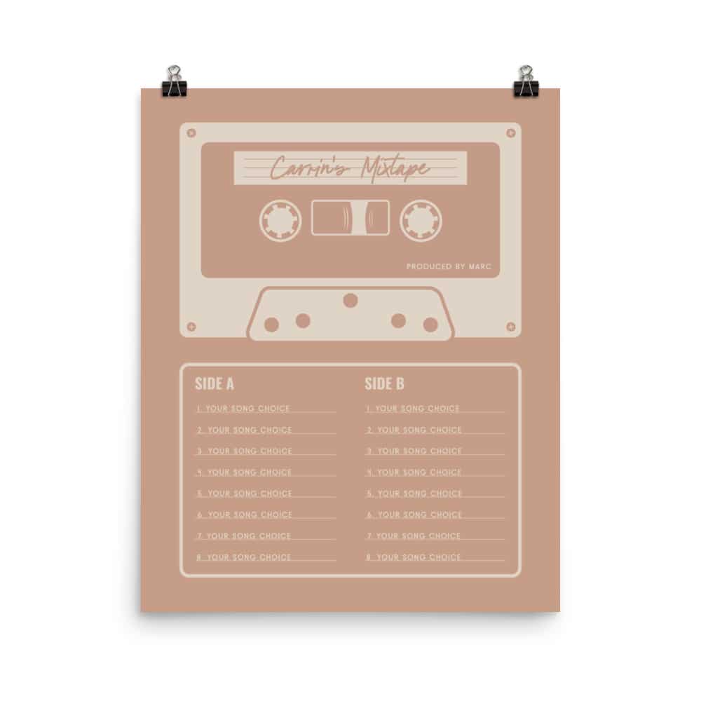 Custom Mixtape Poster, Retro Cassette Tape Print, Pink