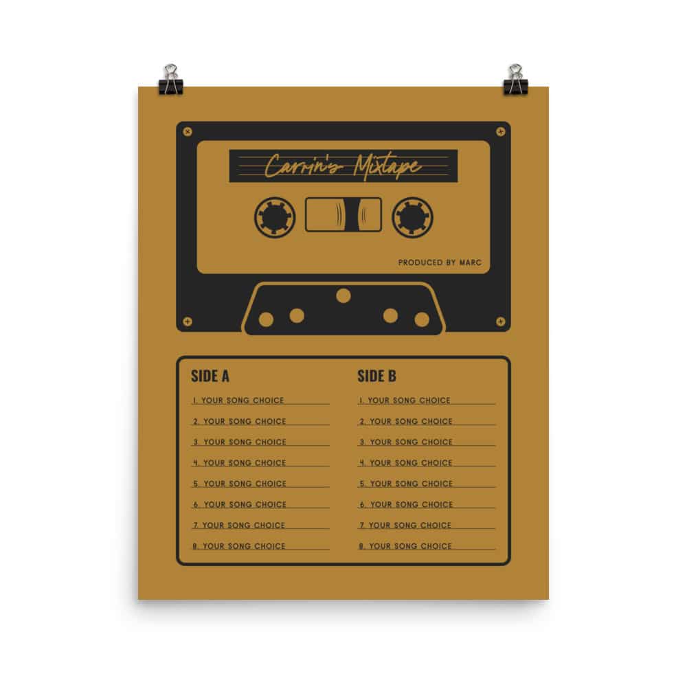 Custom Mixtape Poster, Retro Cassette Tape Print, Yellow