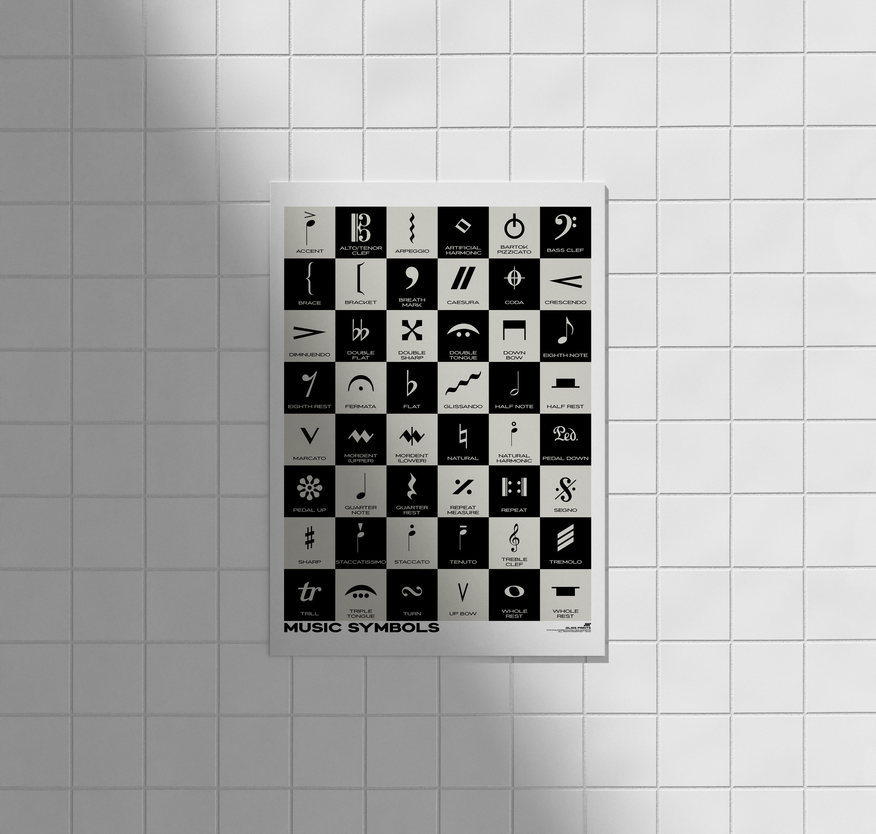 Music Symbols Checkered Design Poster, Black