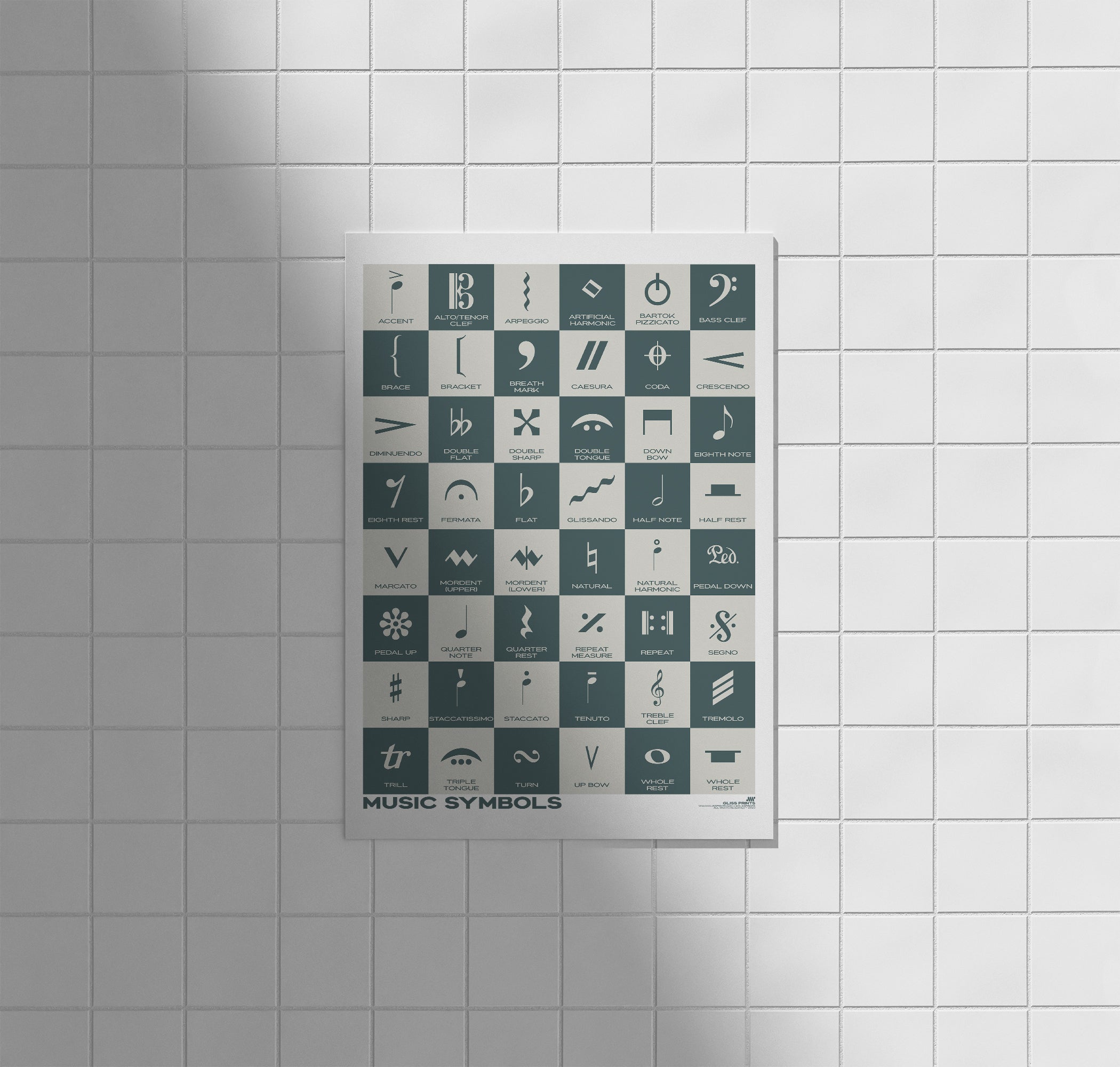 Music Symbols Checkered Design Poster, Blue