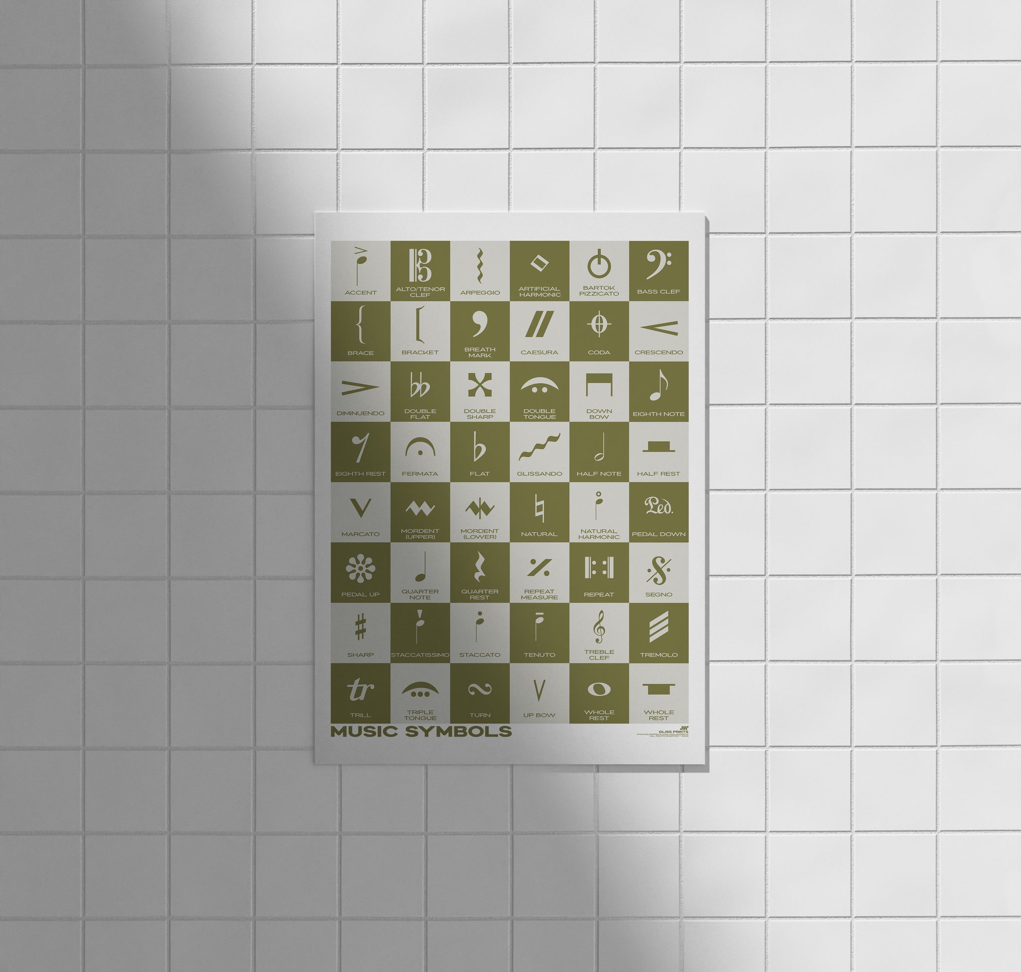 Music Symbols Checkered Design Poster, Green