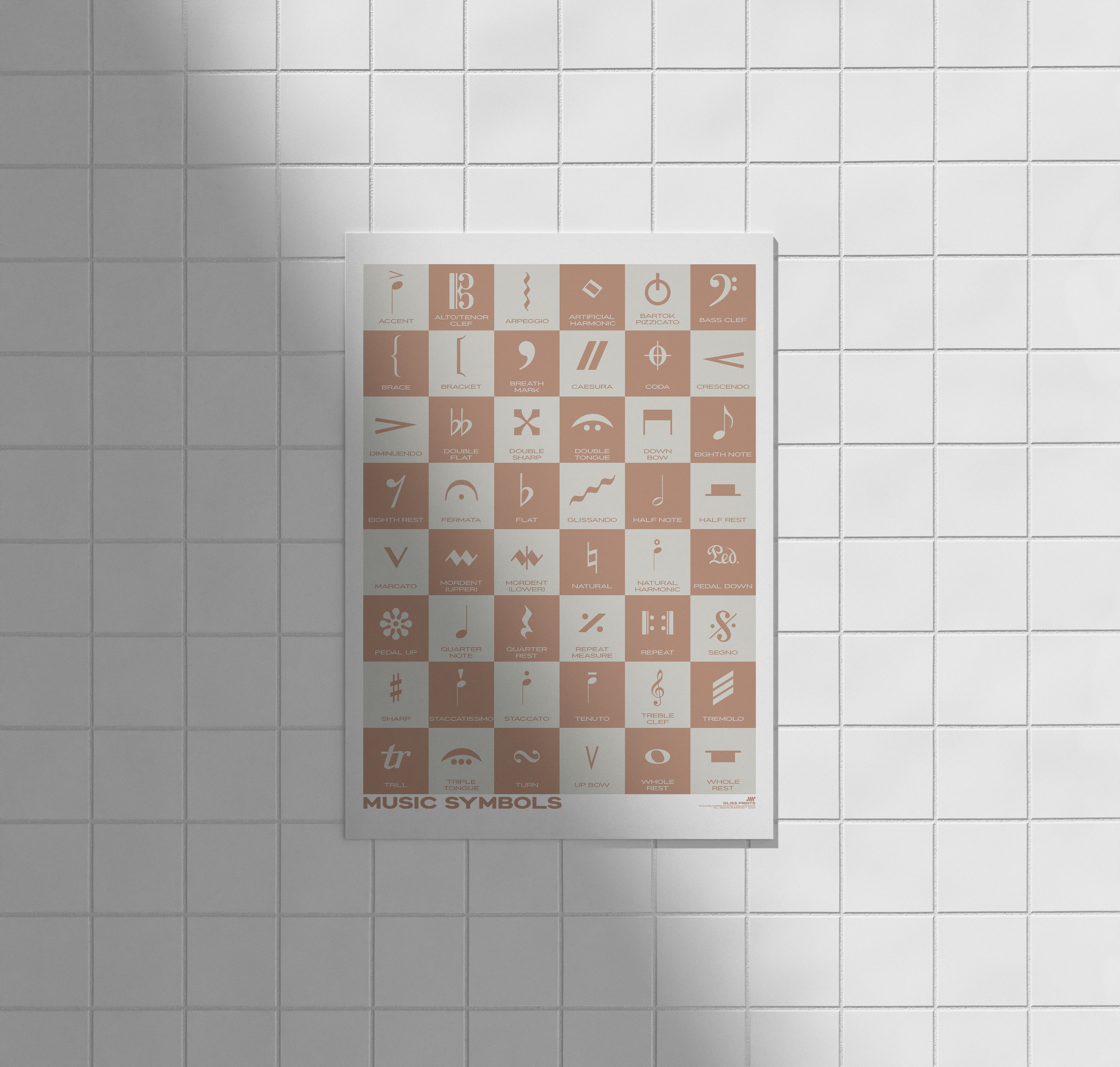 Music Symbols Checkered Design Poster, Pink