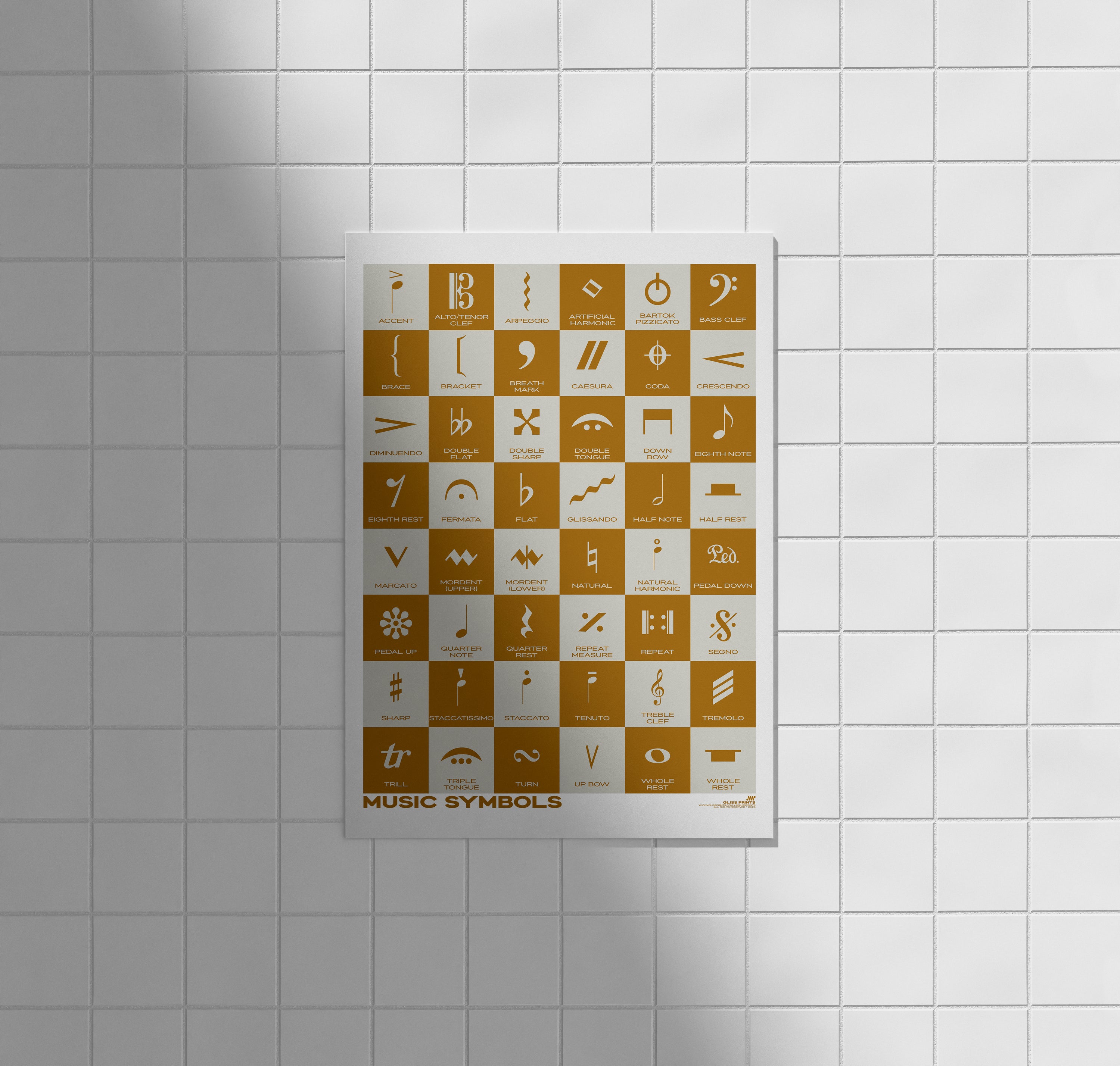 Music Symbols Checkered Design Poster, Yellow