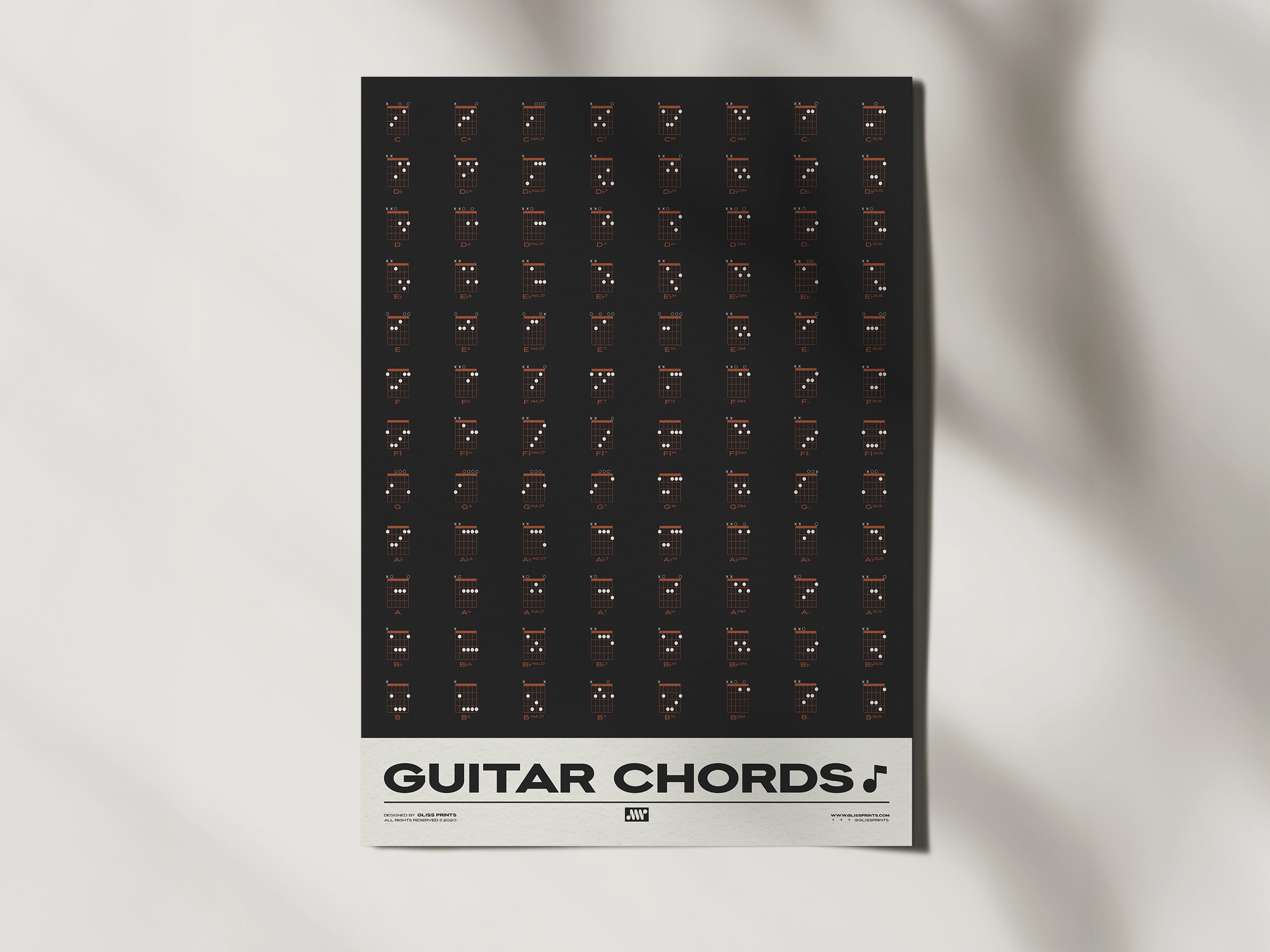 Guitar Chords Chart Poster, Black