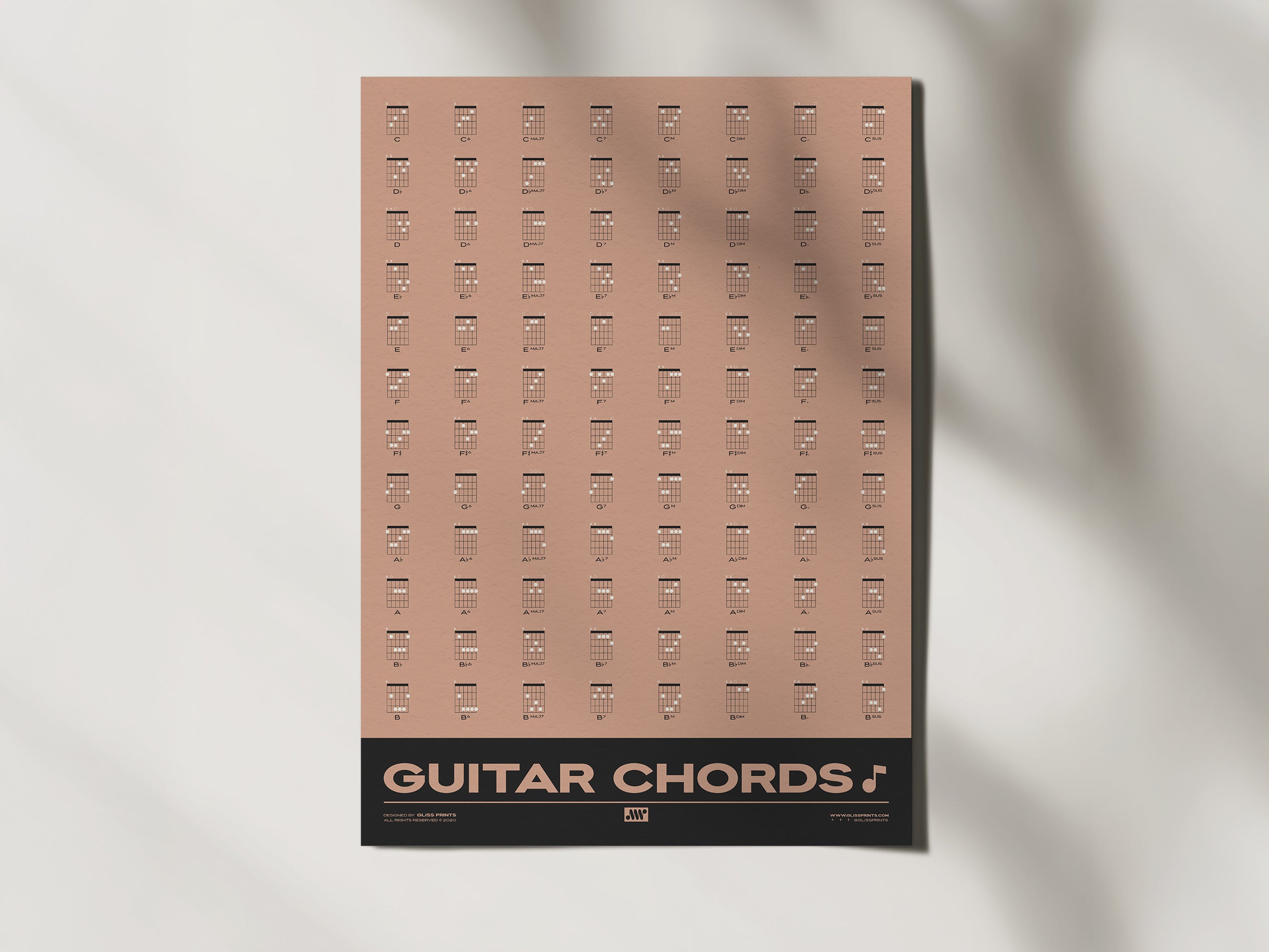 Guitar Chords Chart Poster, Pink