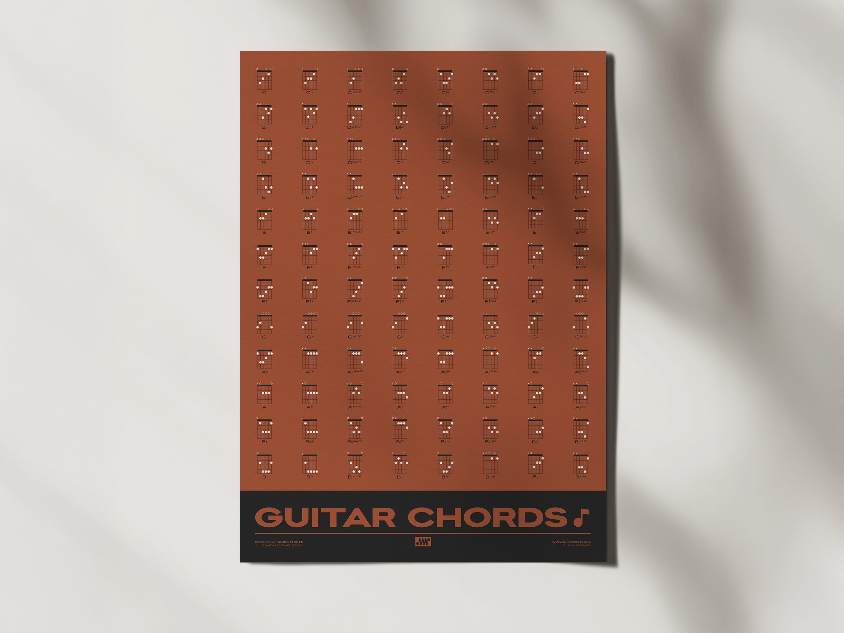 Guitar Chords Chart Poster, Red