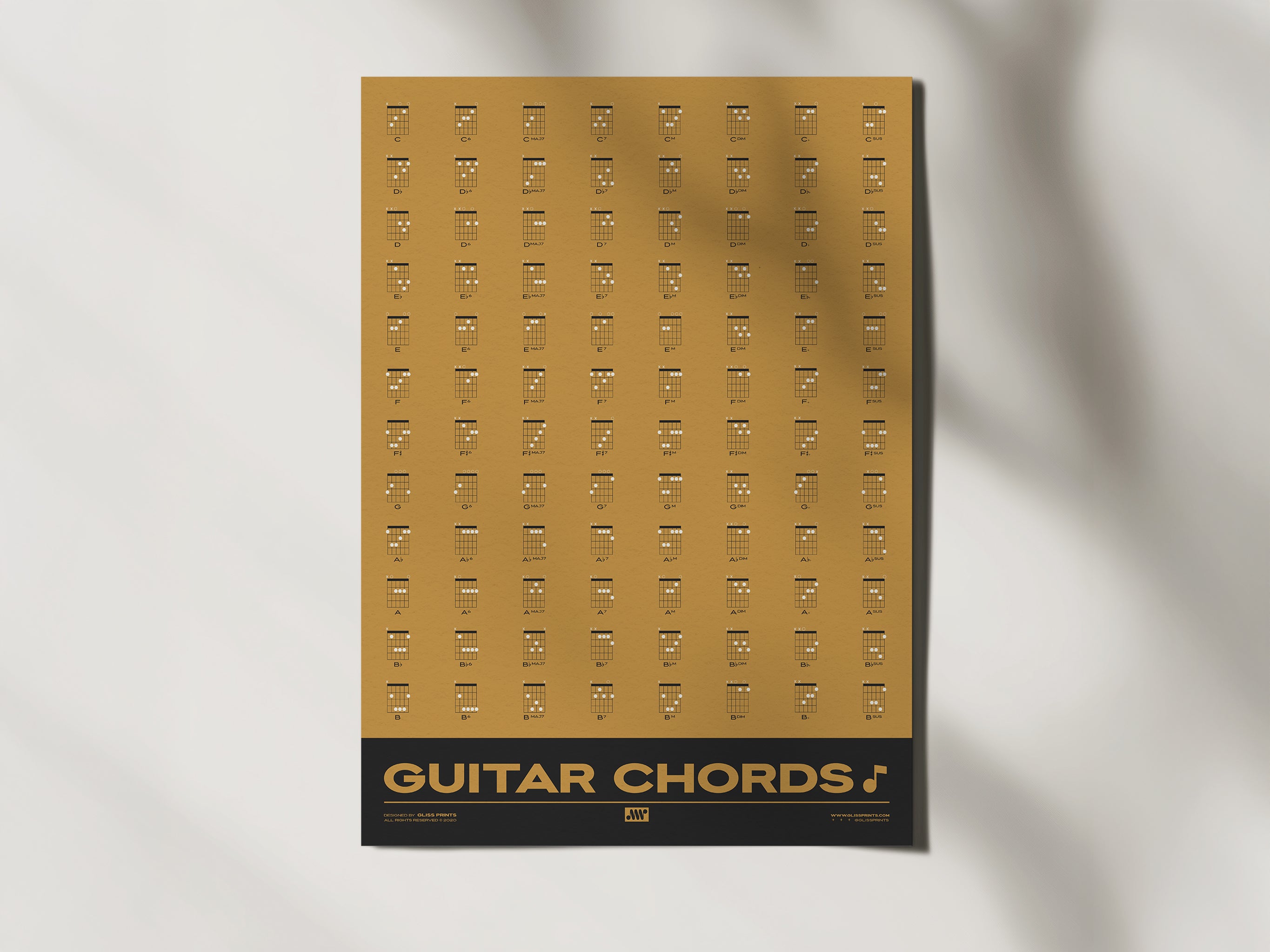 Guitar Chords Chart Poster, Yellow