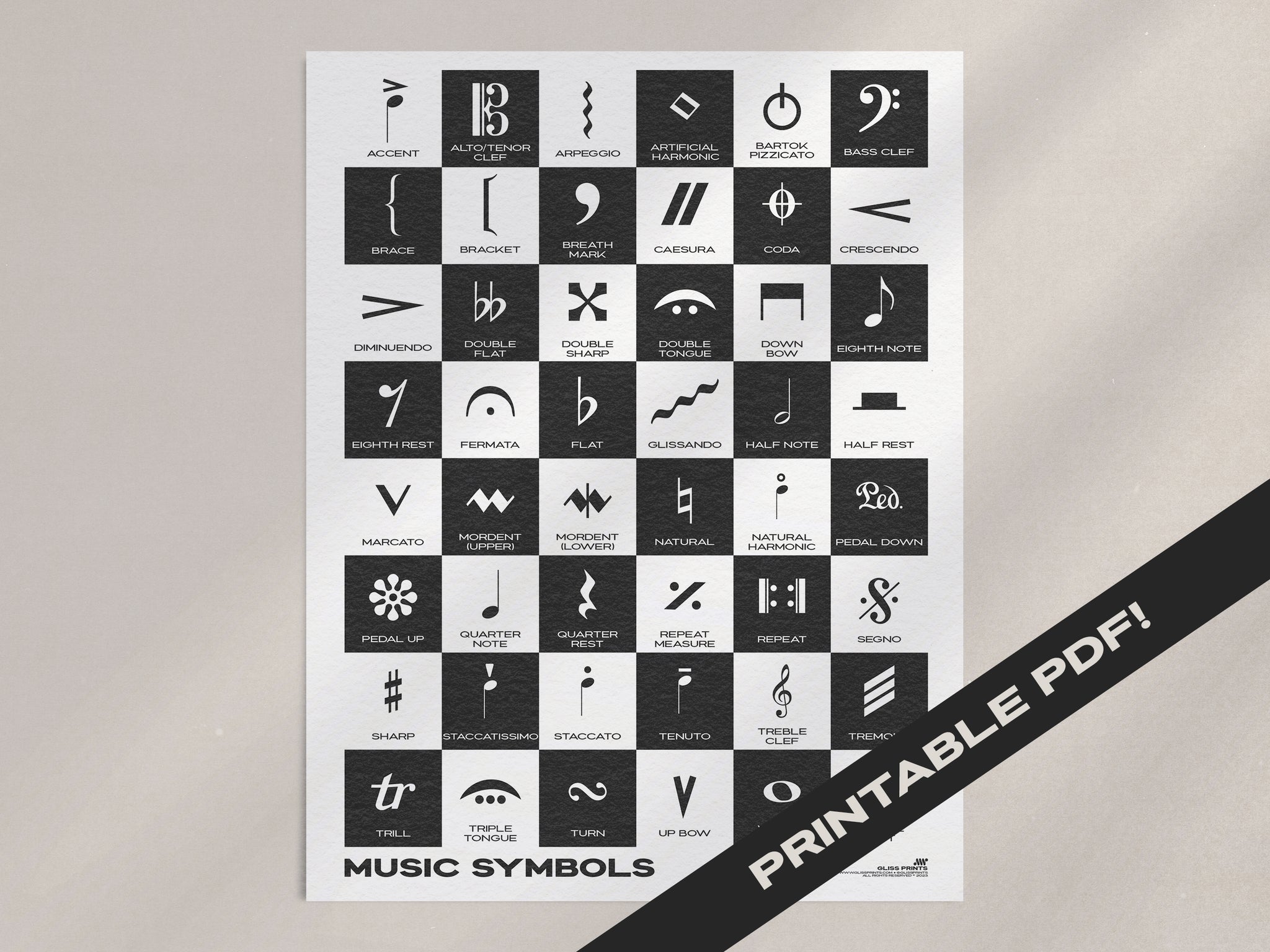 Music Symbols Chart, Printable Digital Download