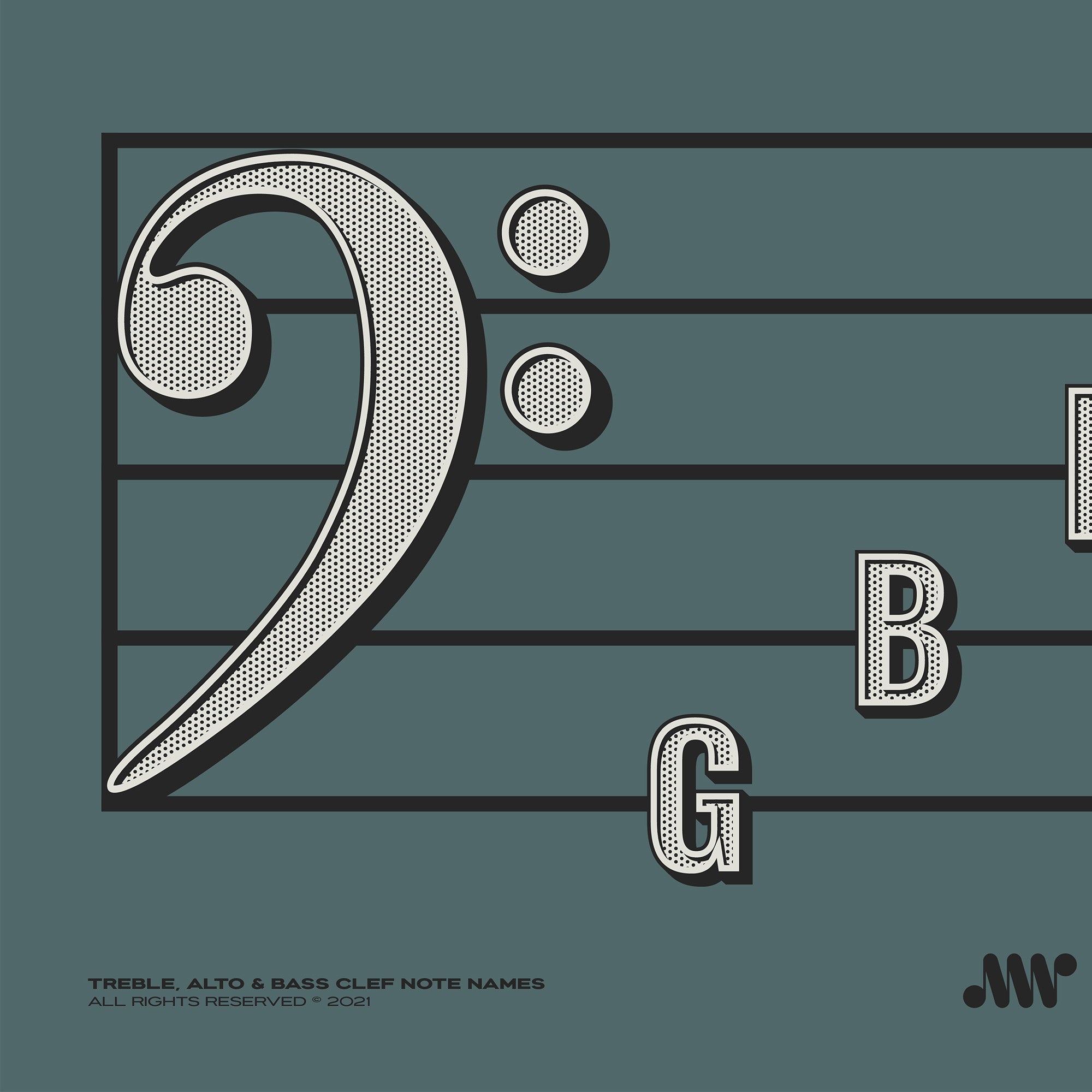 Treble Clef, Alto Clef, Bass Clef Note Names Poster, Blue