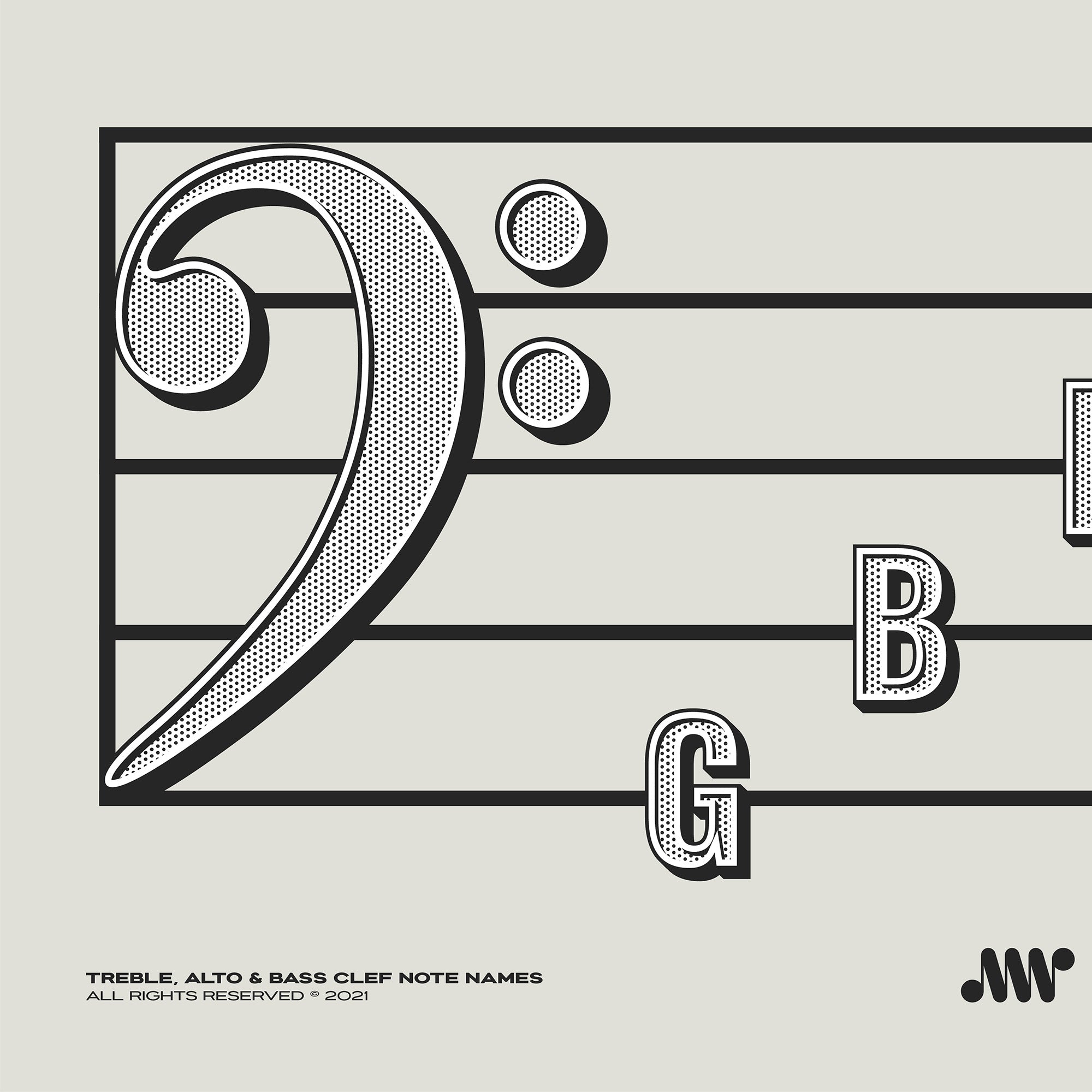 Treble Clef, Alto Clef, Bass Clef Note Names Poster, Cream