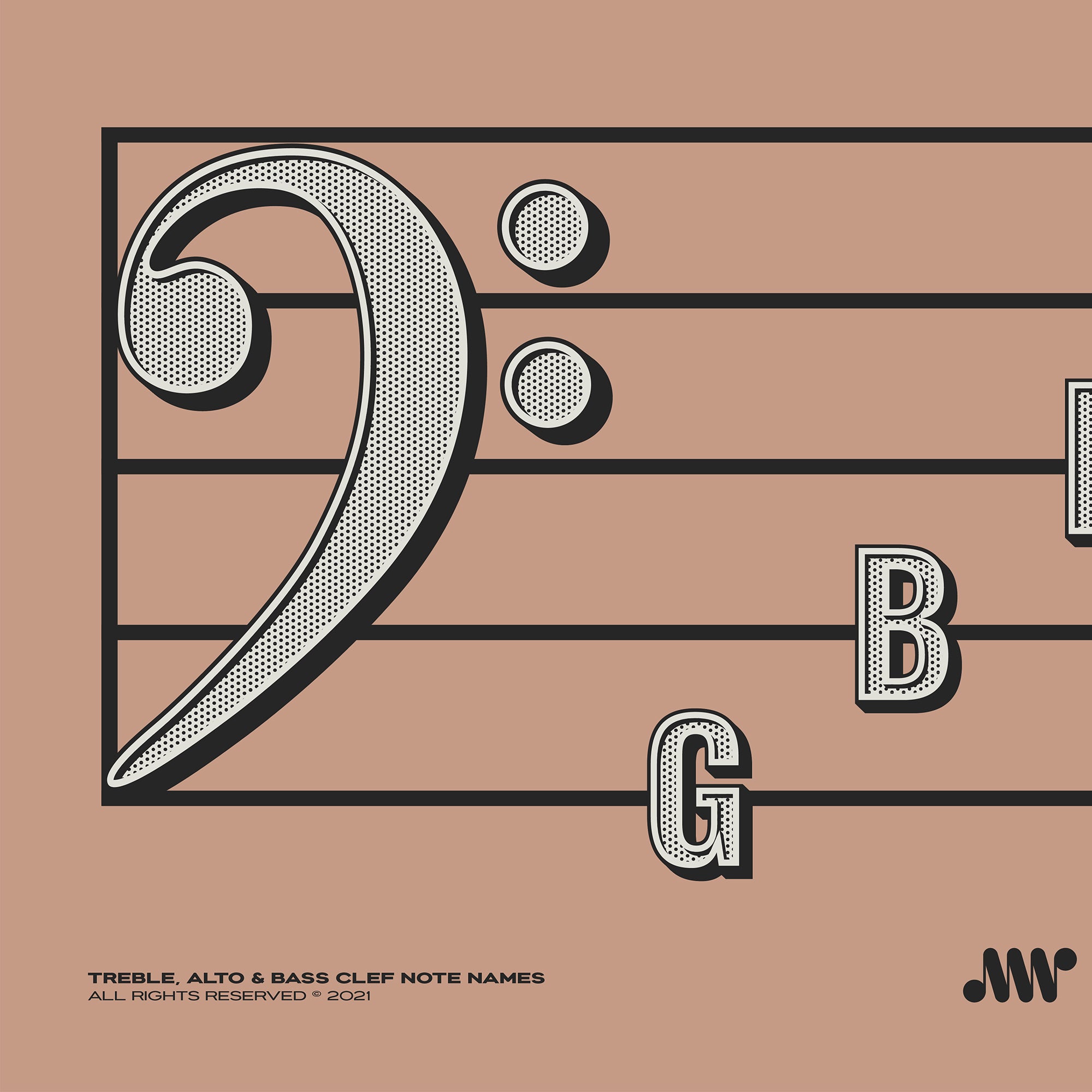 Treble Clef, Alto Clef, Bass Clef Note Names Poster, Pink