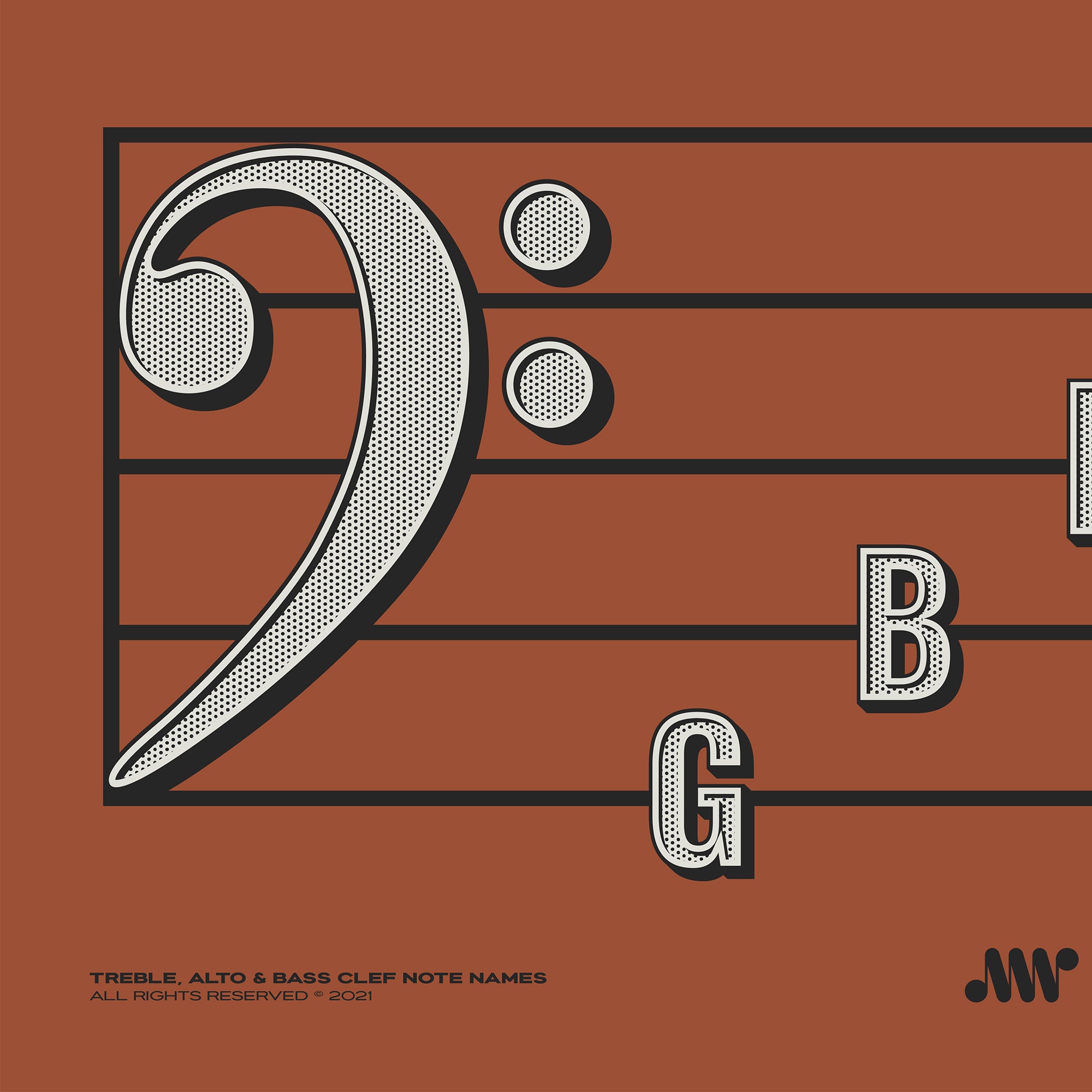 Treble Clef, Alto Clef, Bass Clef Note Names Poster, Red