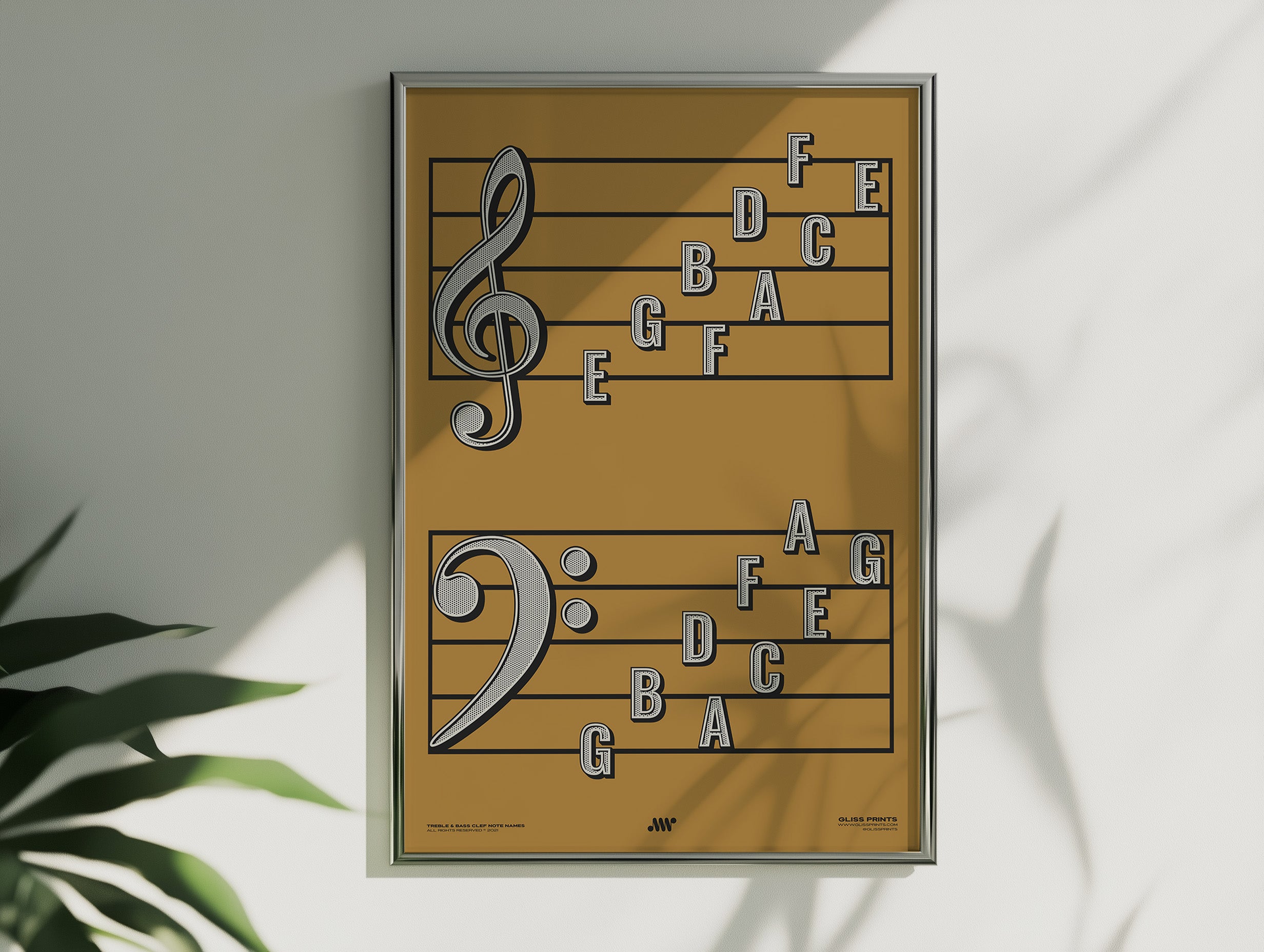 Treble Clef Bass Clef Note Names Poster, Yellow