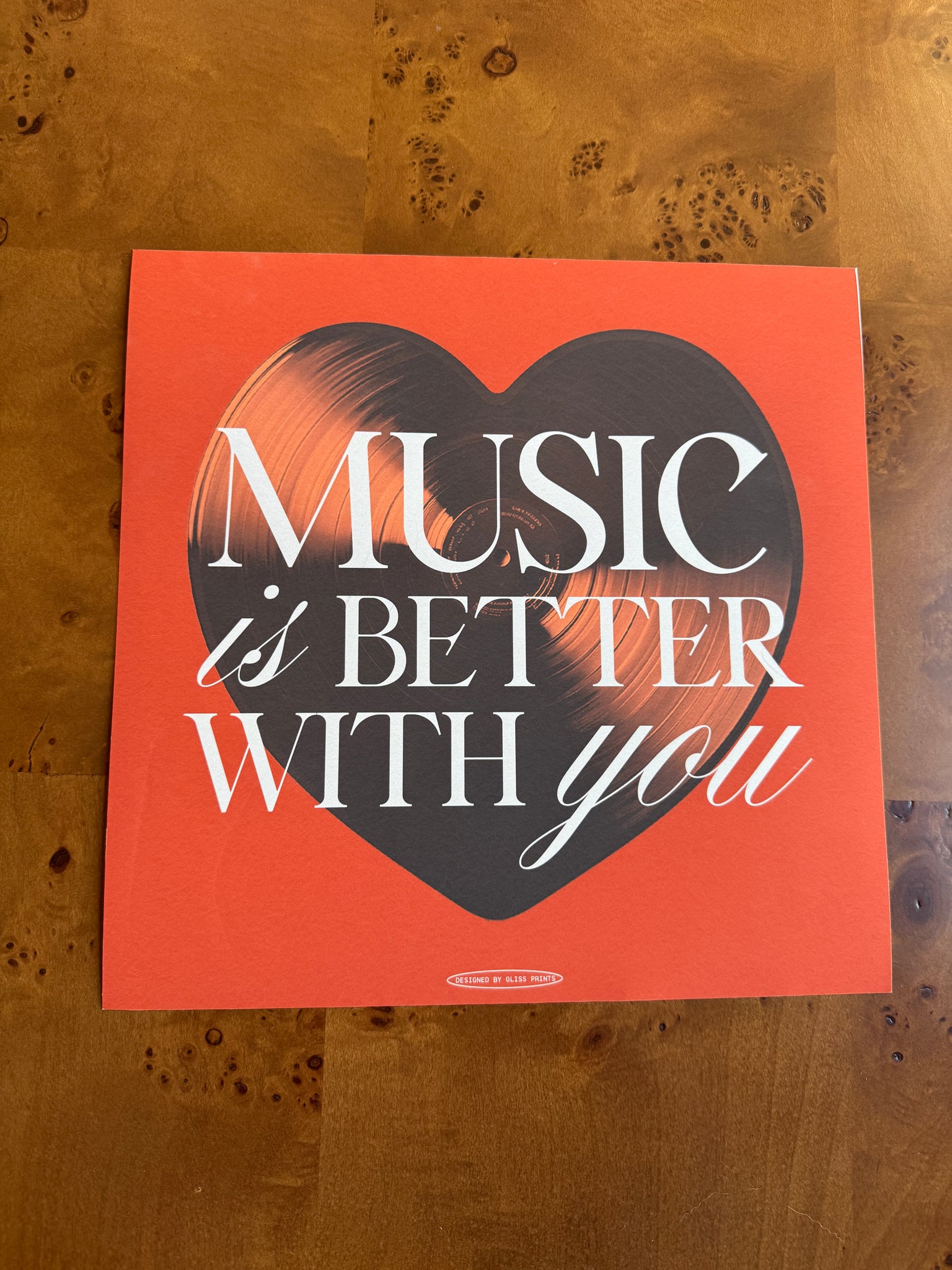 SAMPLE: Music is Better With You Heart Record Poster, Red 12x12