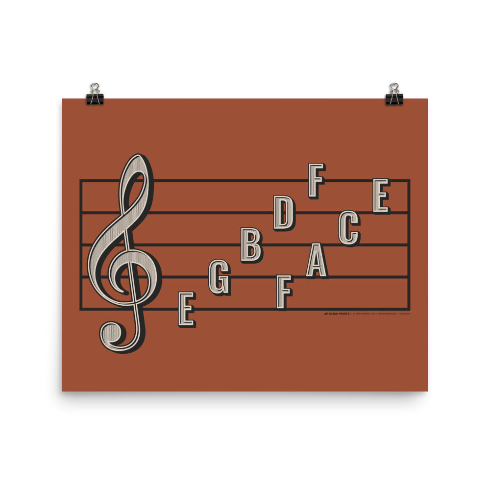 Treble Clef Note Names Poster, Red