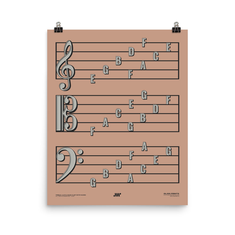 Treble Clef, Alto Clef, Bass Clef Note Names Poster, Pink