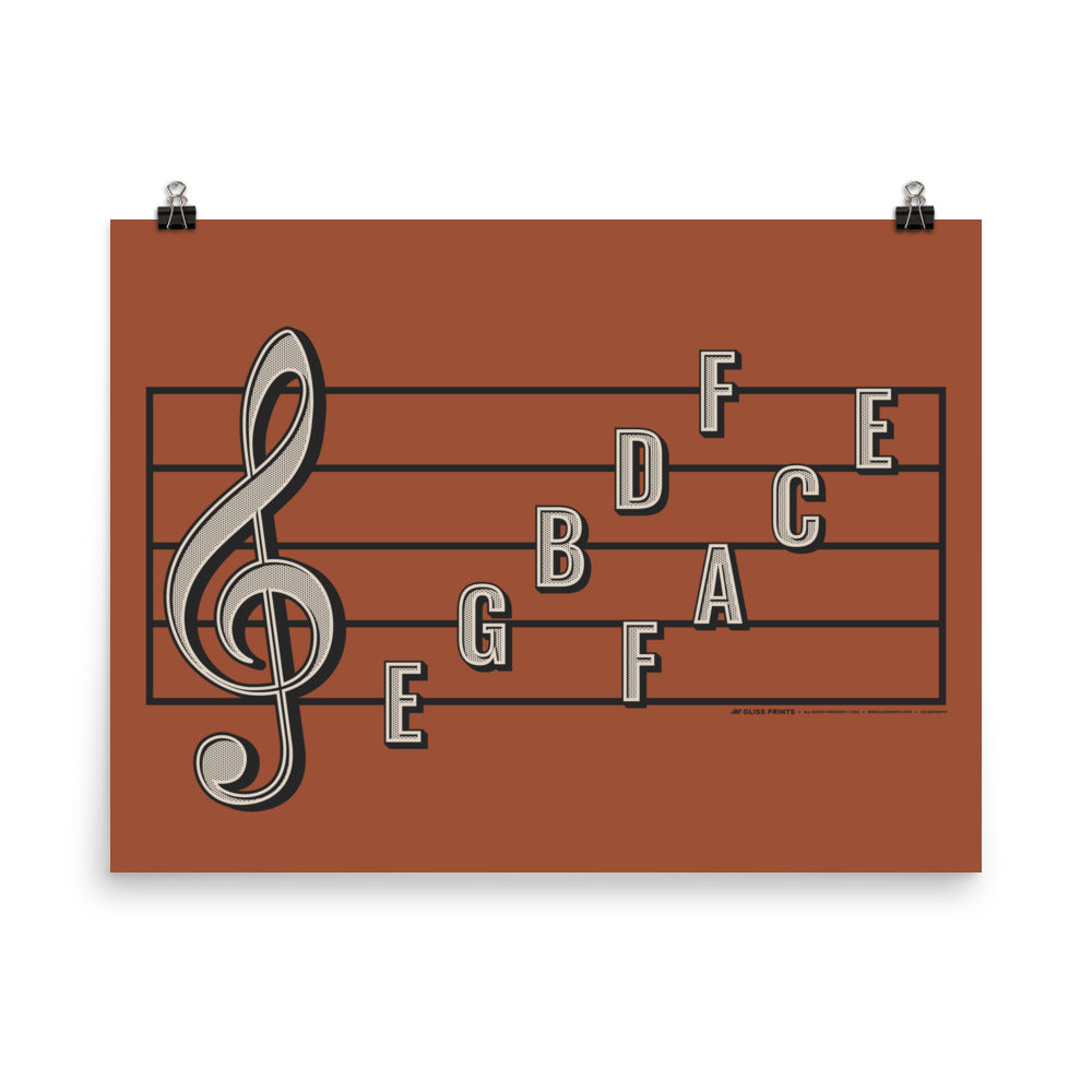Treble Clef Note Names Poster, Red