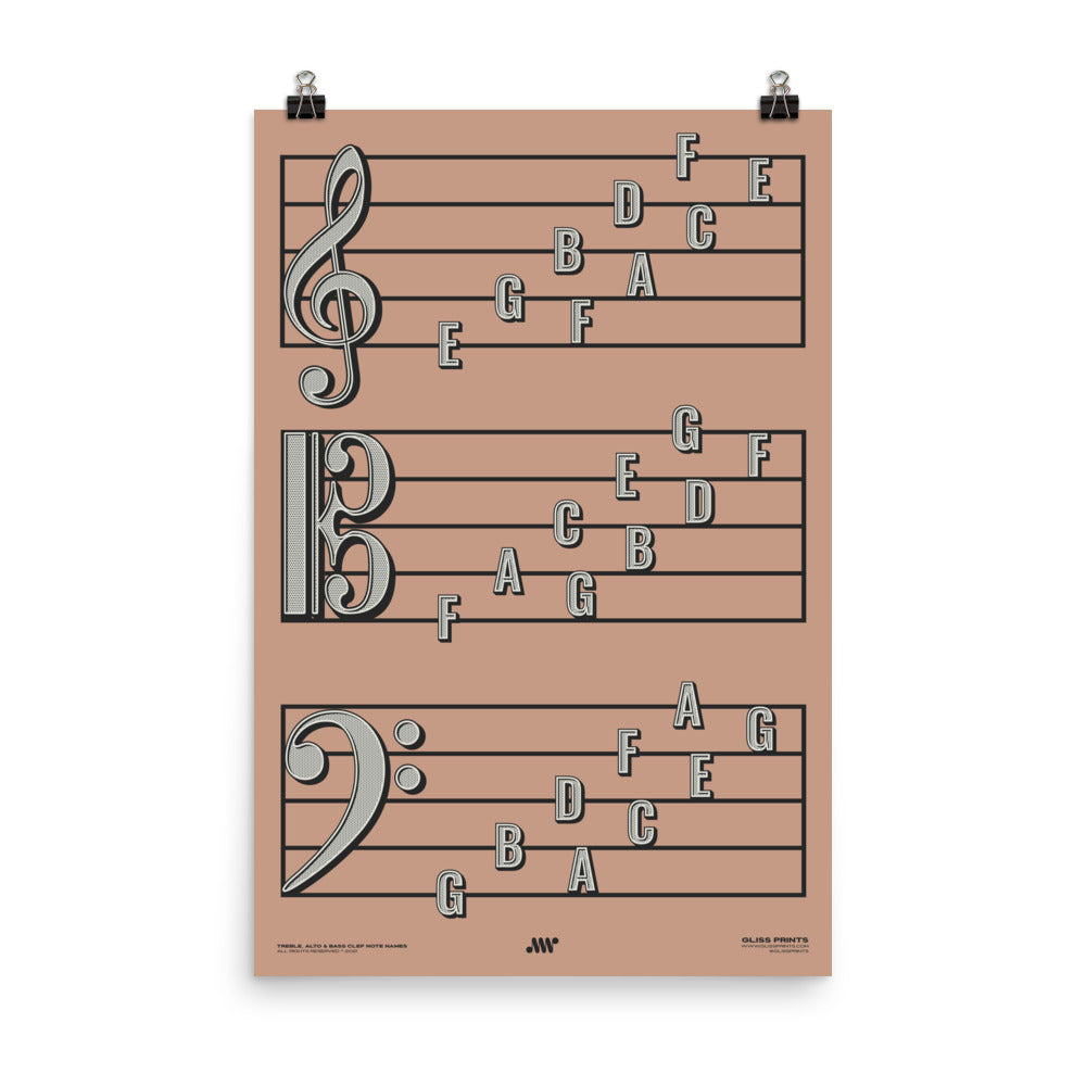 Treble Clef, Alto Clef, Bass Clef Note Names Poster, Pink