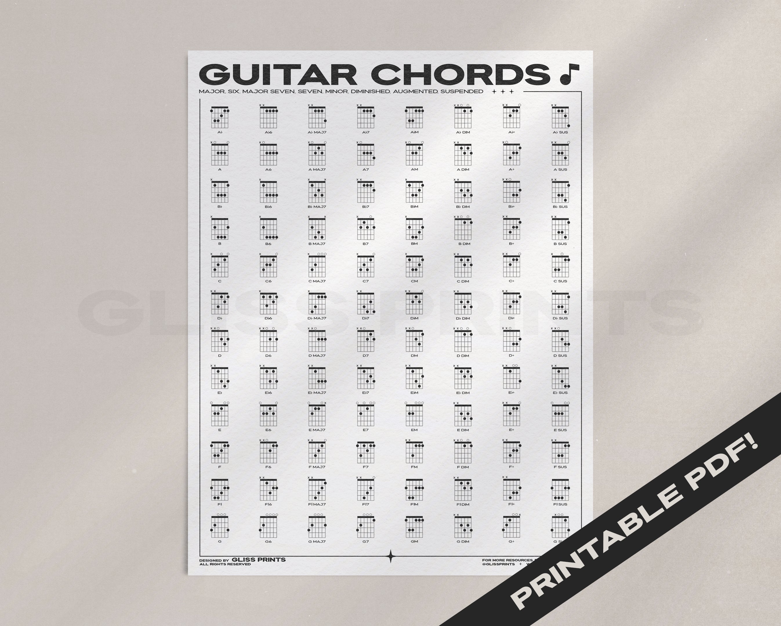 Guitar Chords Fingering Chart PDF | Printable Digital Download