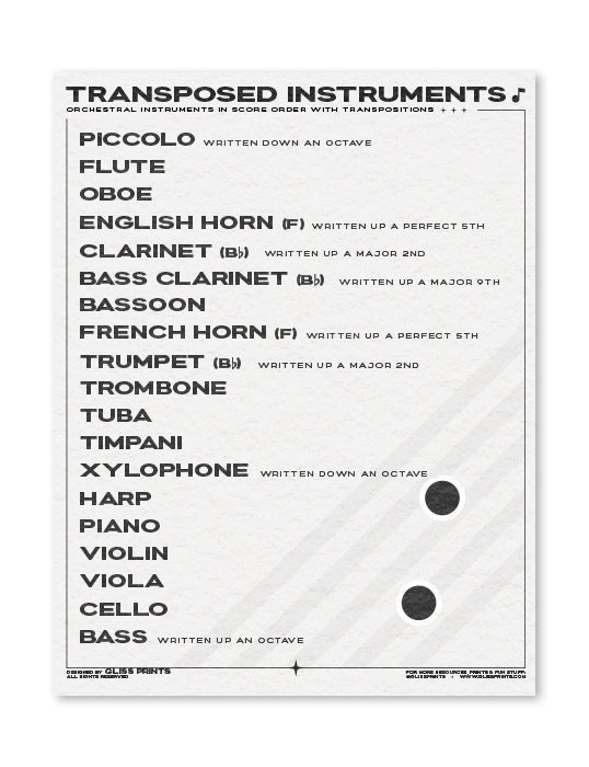 Orchestral Instruments Transposition Chart PDF, Printable Digital Download