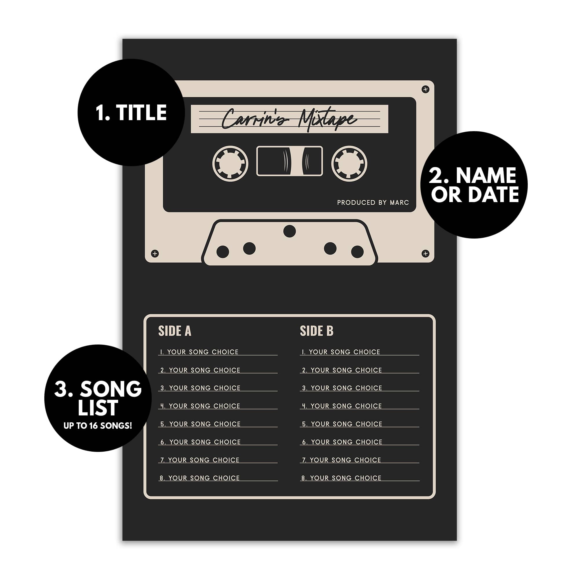 Custom Mixtape Poster, Retro Cassette Tape Print, Black