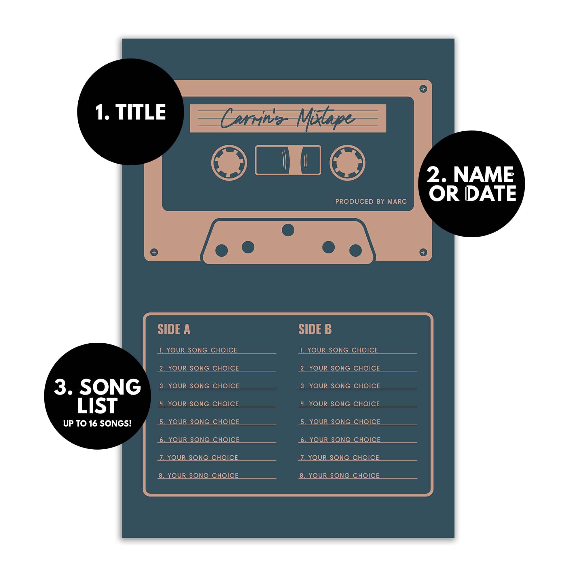 Custom Mixtape Poster, Retro Cassette Tape Print, Blue