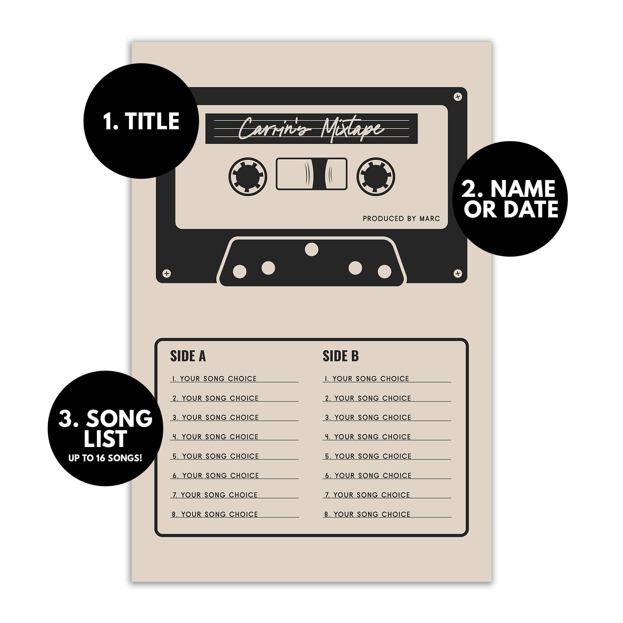 Custom Mixtape Poster, Retro Cassette Tape Print, Cream