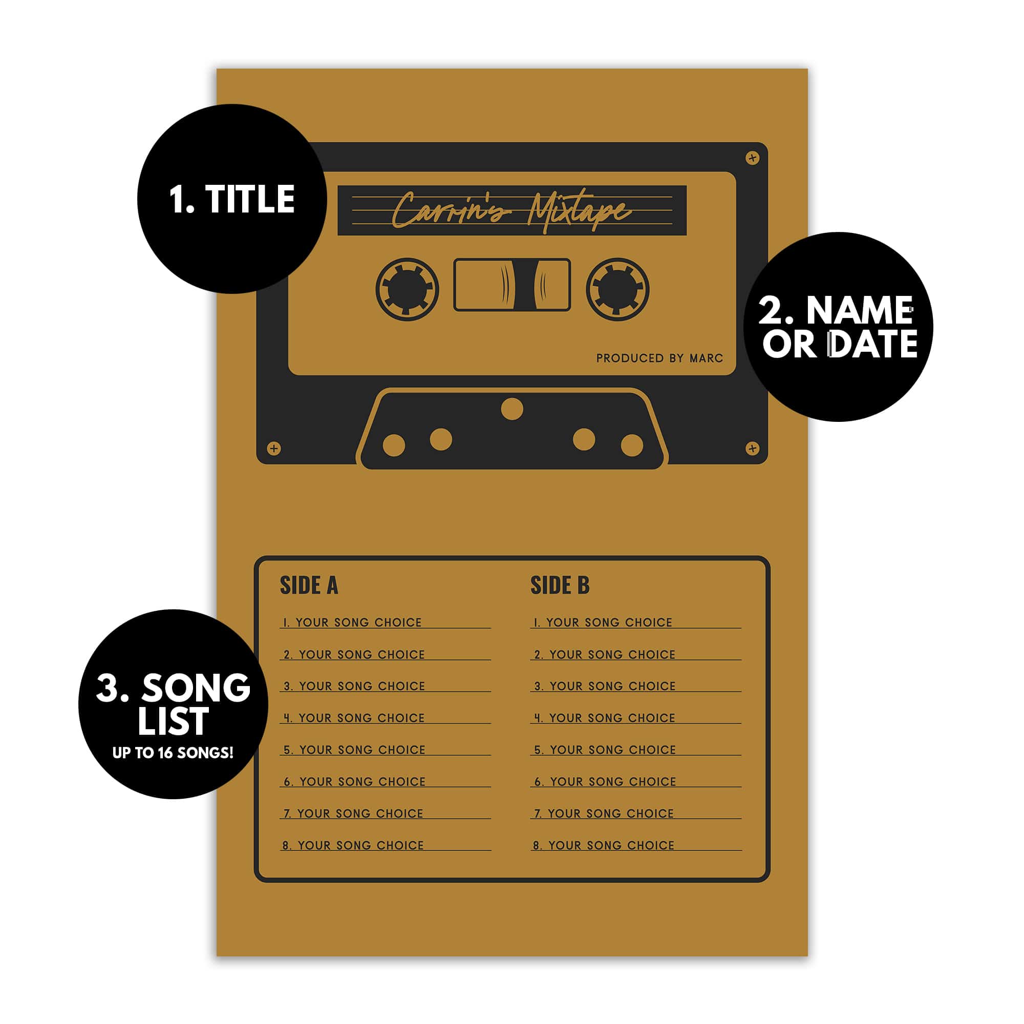 Custom Mixtape Poster, Retro Cassette Tape Print, Yellow
