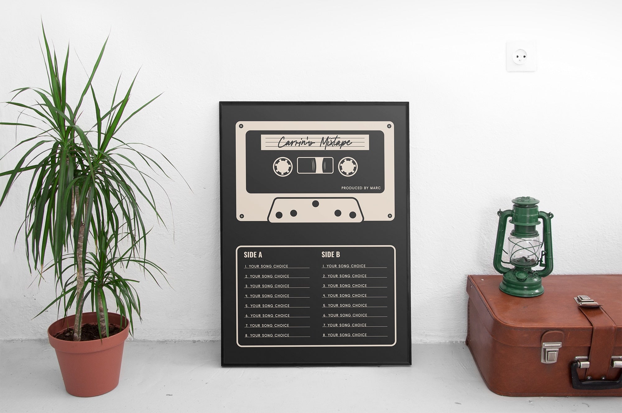 Custom Mixtape Poster, Retro Cassette Tape Print, Black