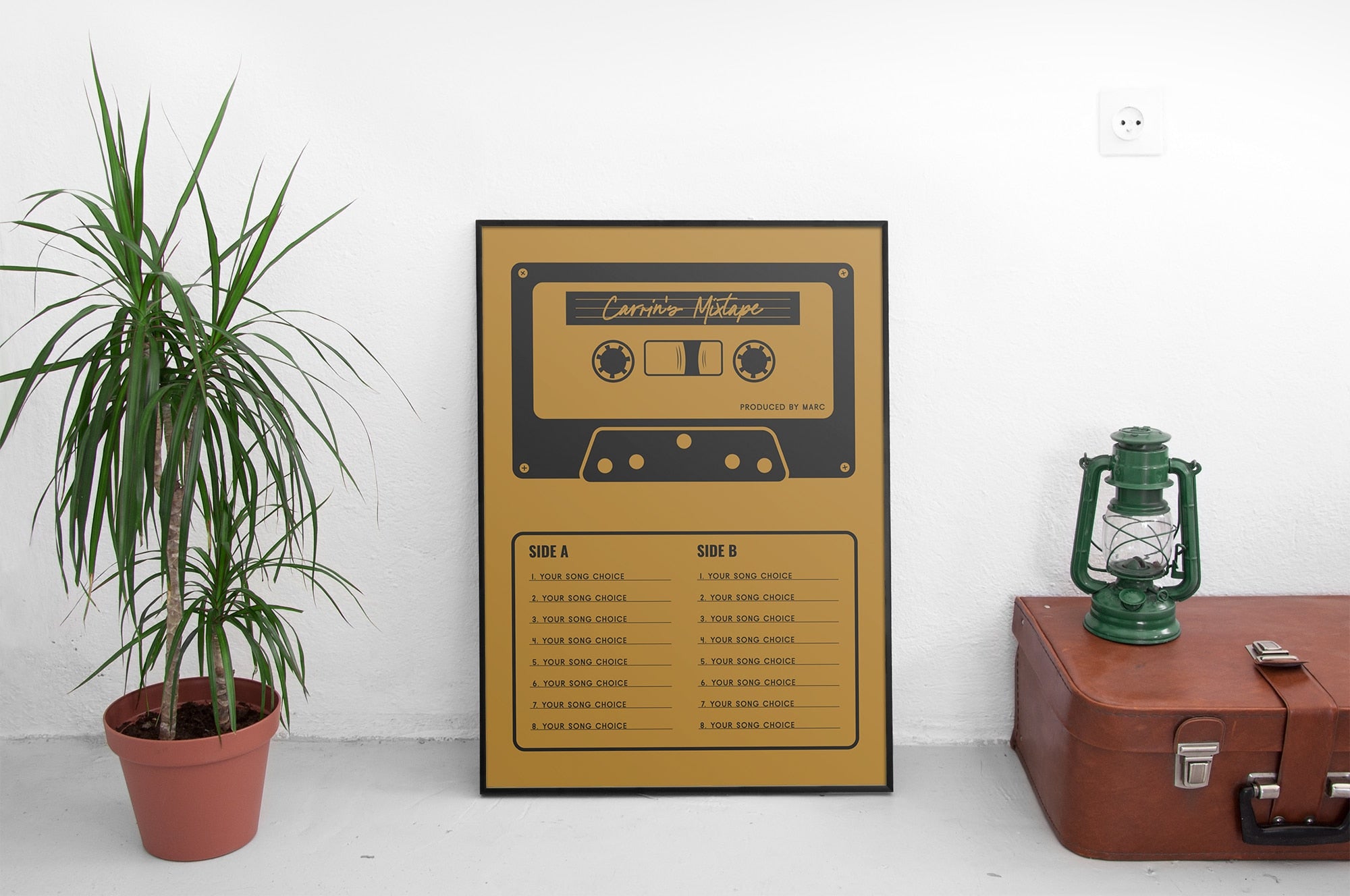 Custom Mixtape Poster, Retro Cassette Tape Print, Yellow