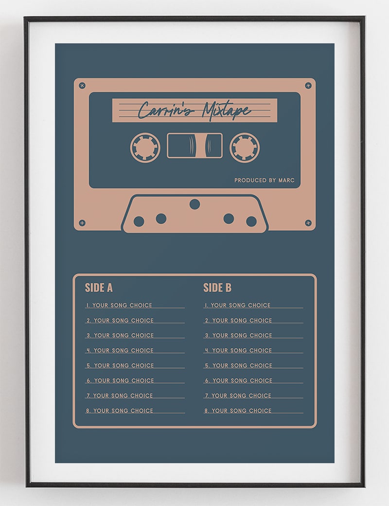 Custom Mixtape Poster, Retro Cassette Tape Print, Blue