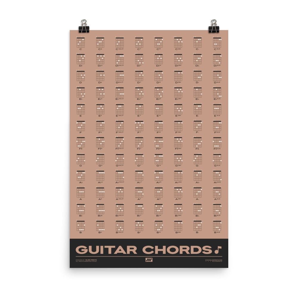 Guitar Chords Chart Poster, Pink
