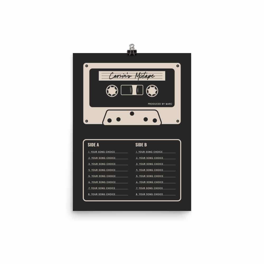 Custom Mixtape Poster, Retro Cassette Tape Print, Black
