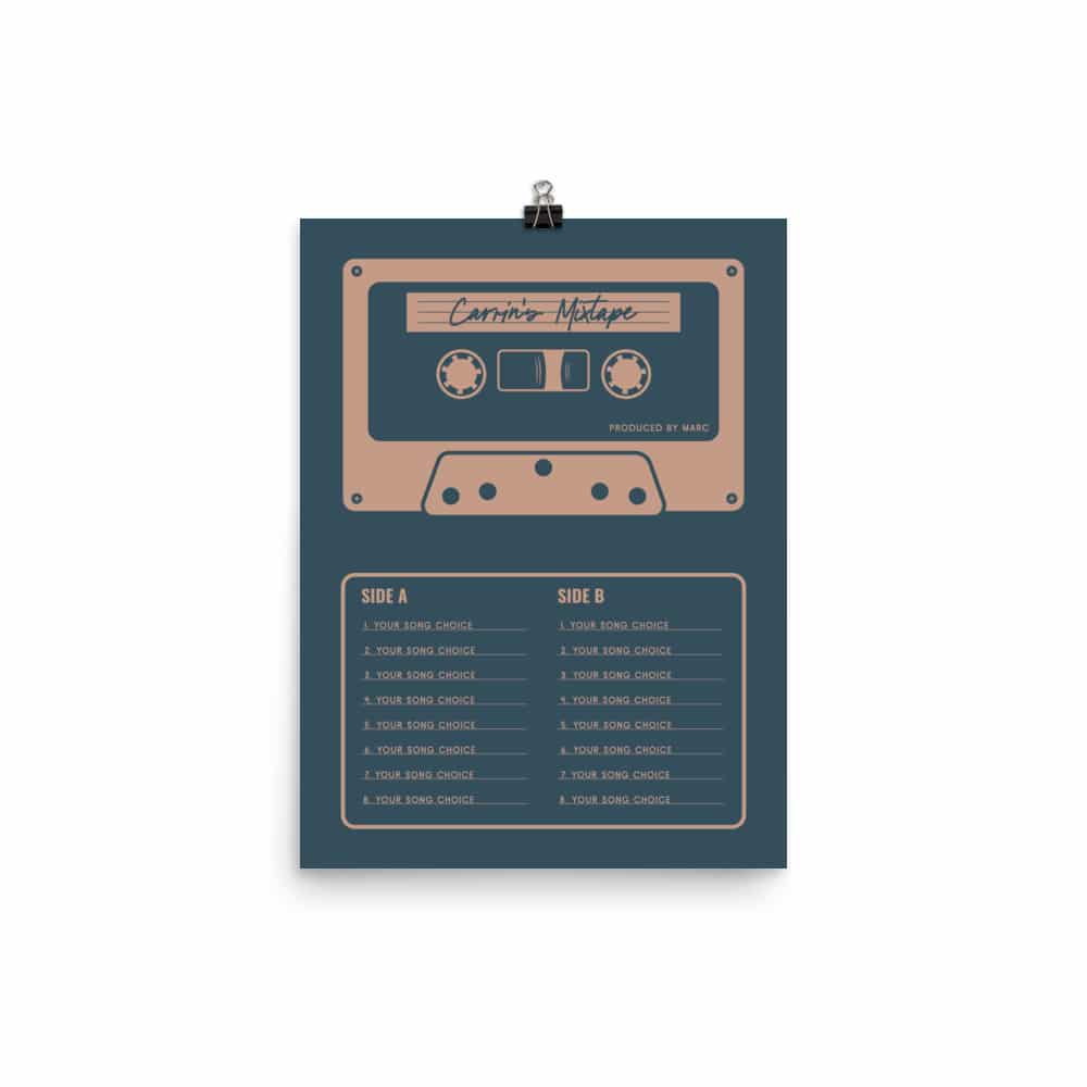 Custom Mixtape Poster, Retro Cassette Tape Print, Blue