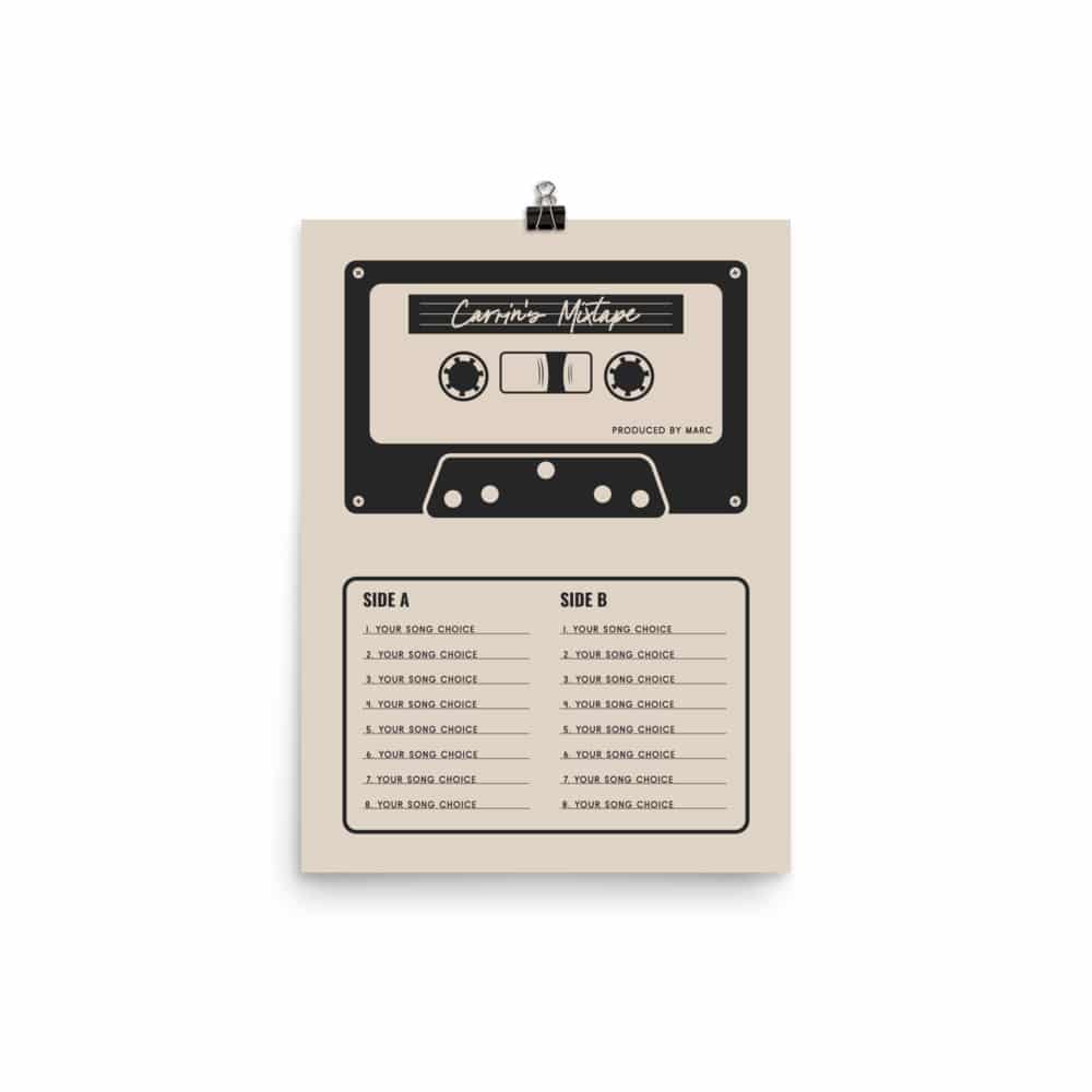 Custom Mixtape Poster, Retro Cassette Tape Print, Cream