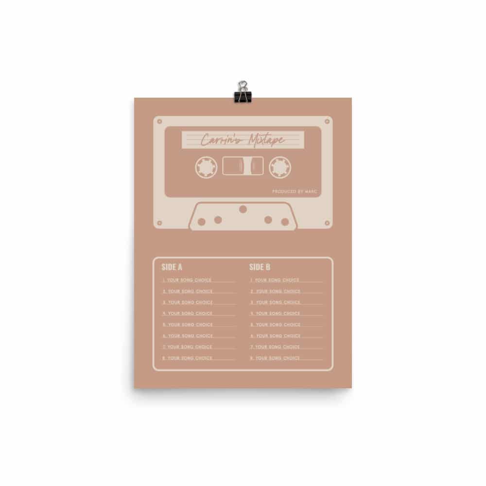 Custom Mixtape Poster, Retro Cassette Tape Print, Pink