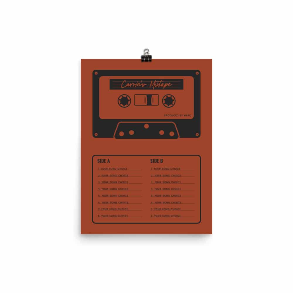 Custom Mixtape Poster, Retro Cassette Tape Print, Red