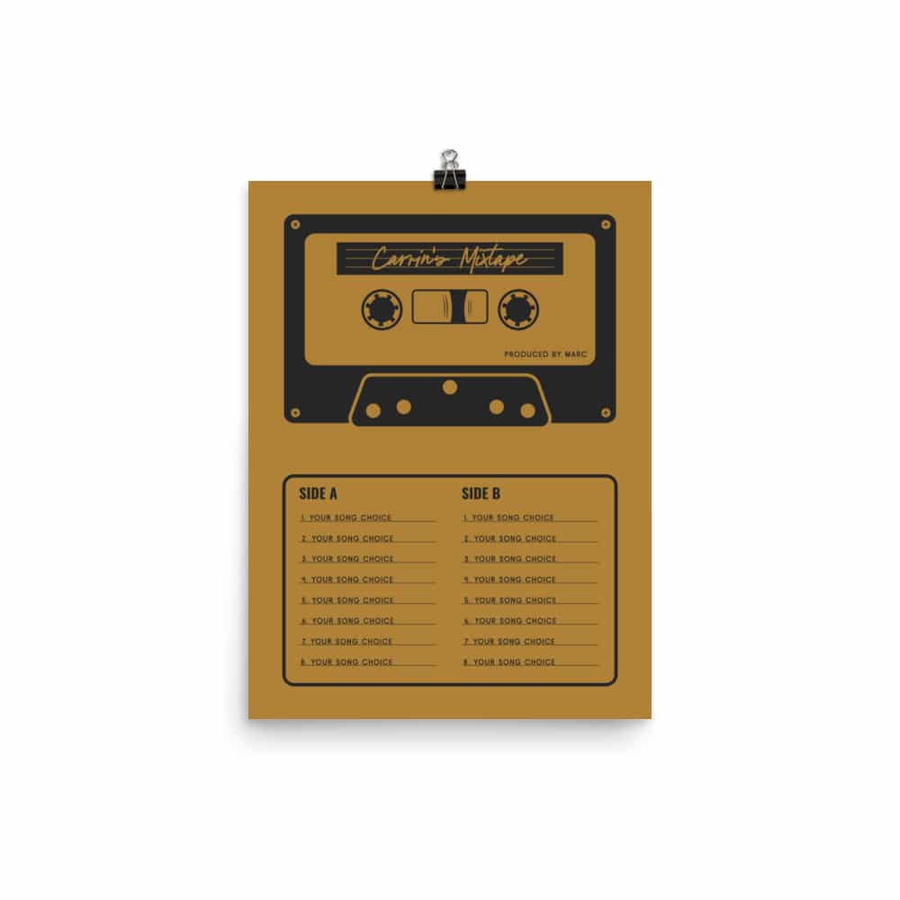 Custom Mixtape Poster, Retro Cassette Tape Print, Yellow
