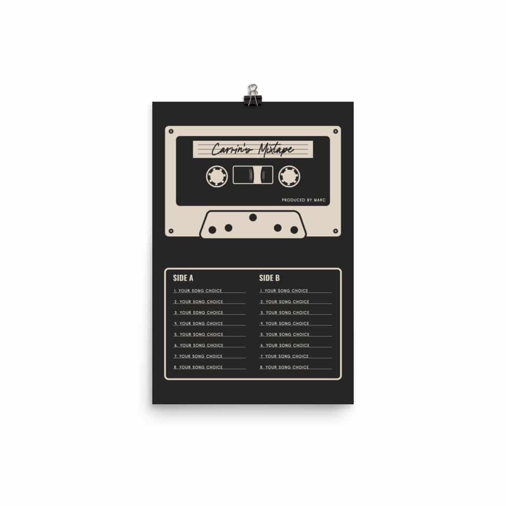 Custom Mixtape Poster, Retro Cassette Tape Print, Black