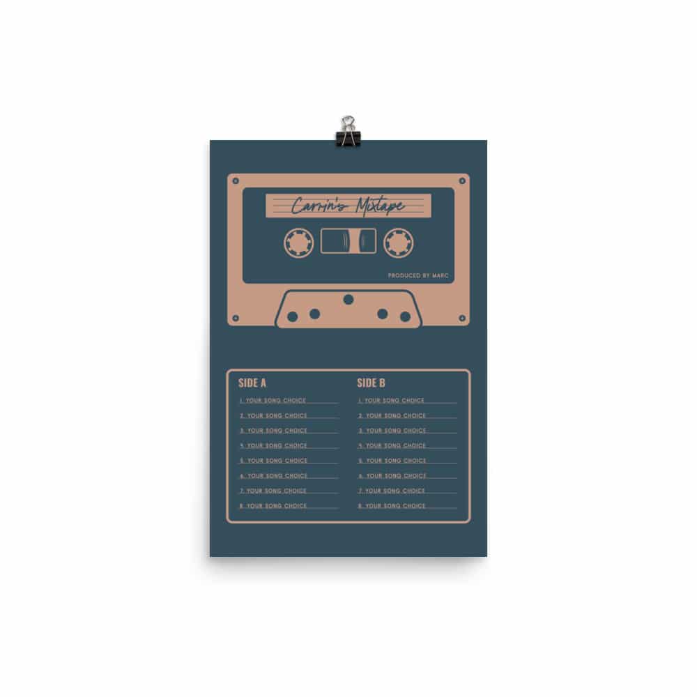 Custom Mixtape Poster, Retro Cassette Tape Print, Blue
