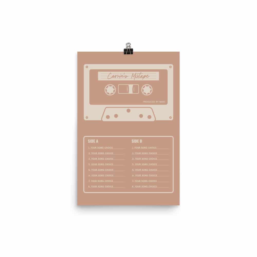 Custom Mixtape Poster, Retro Cassette Tape Print, Pink