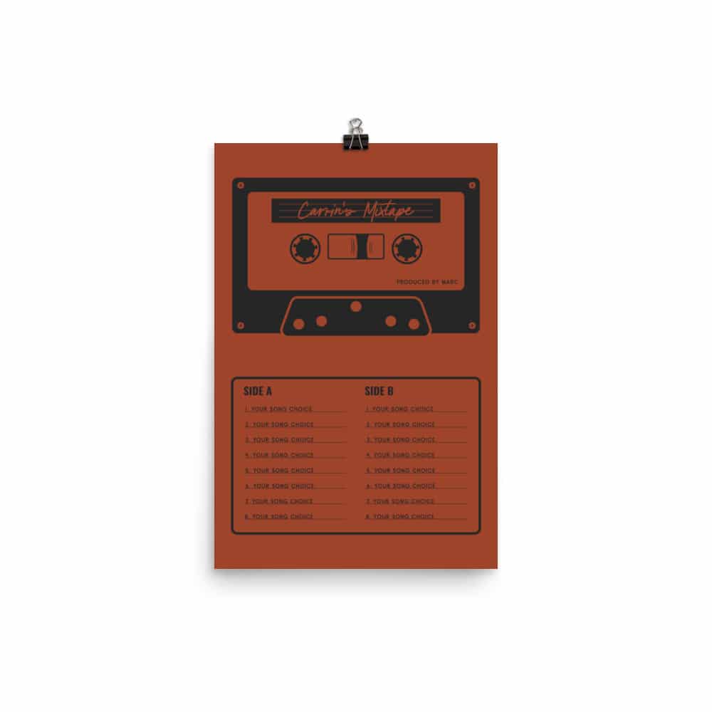 Custom Mixtape Poster, Retro Cassette Tape Print, Red