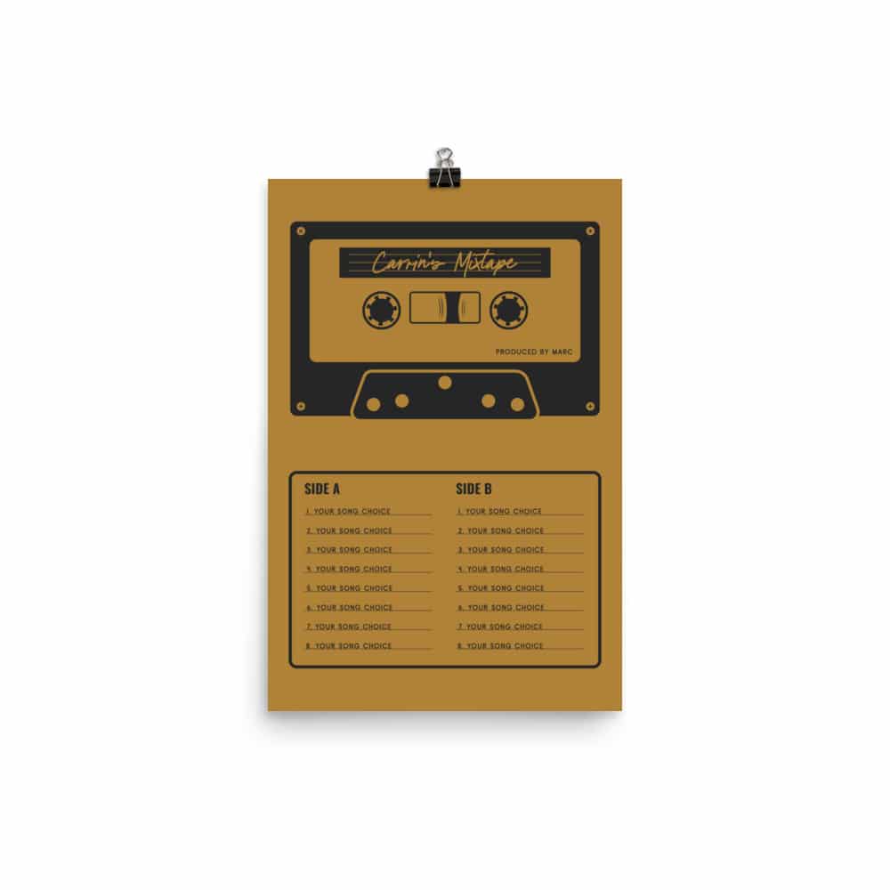 Custom Mixtape Poster, Retro Cassette Tape Print, Yellow