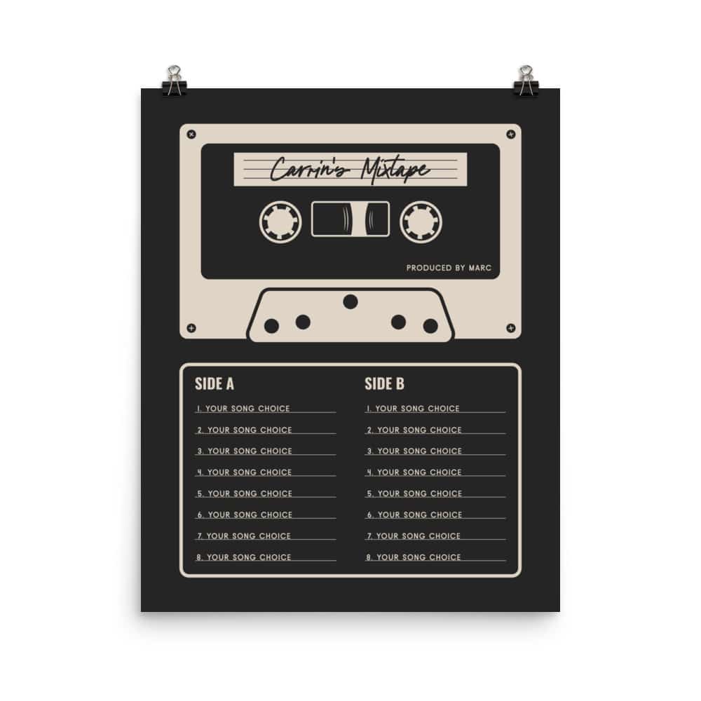 Custom Mixtape Poster, Retro Cassette Tape Print, Black