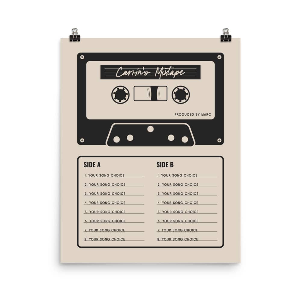 Custom Mixtape Poster, Retro Cassette Tape Print, Cream